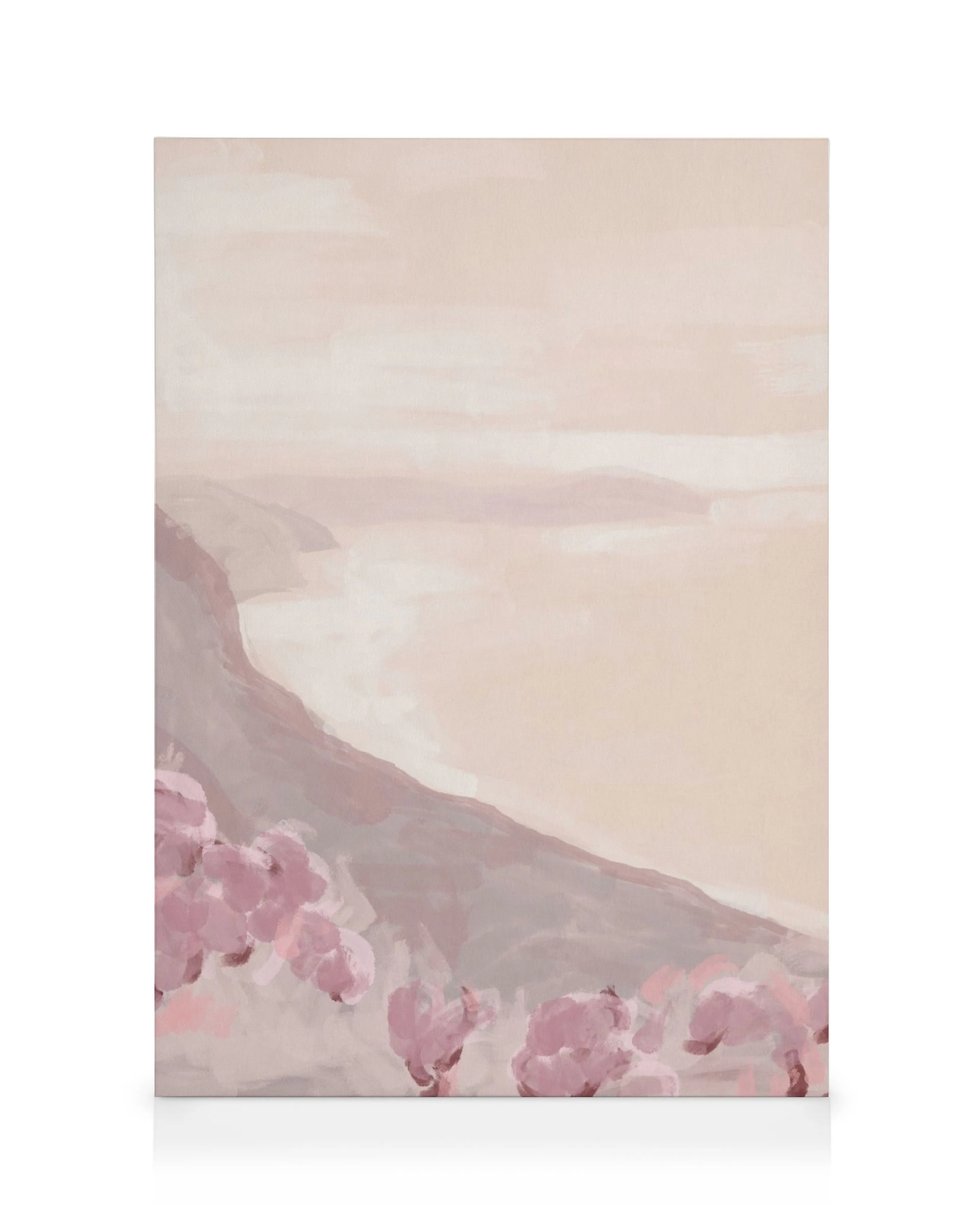Toile de paysage français No3, mer beige et rose sous ciel rayé, falaise sombre, fleurs roses. Typographie douce.
