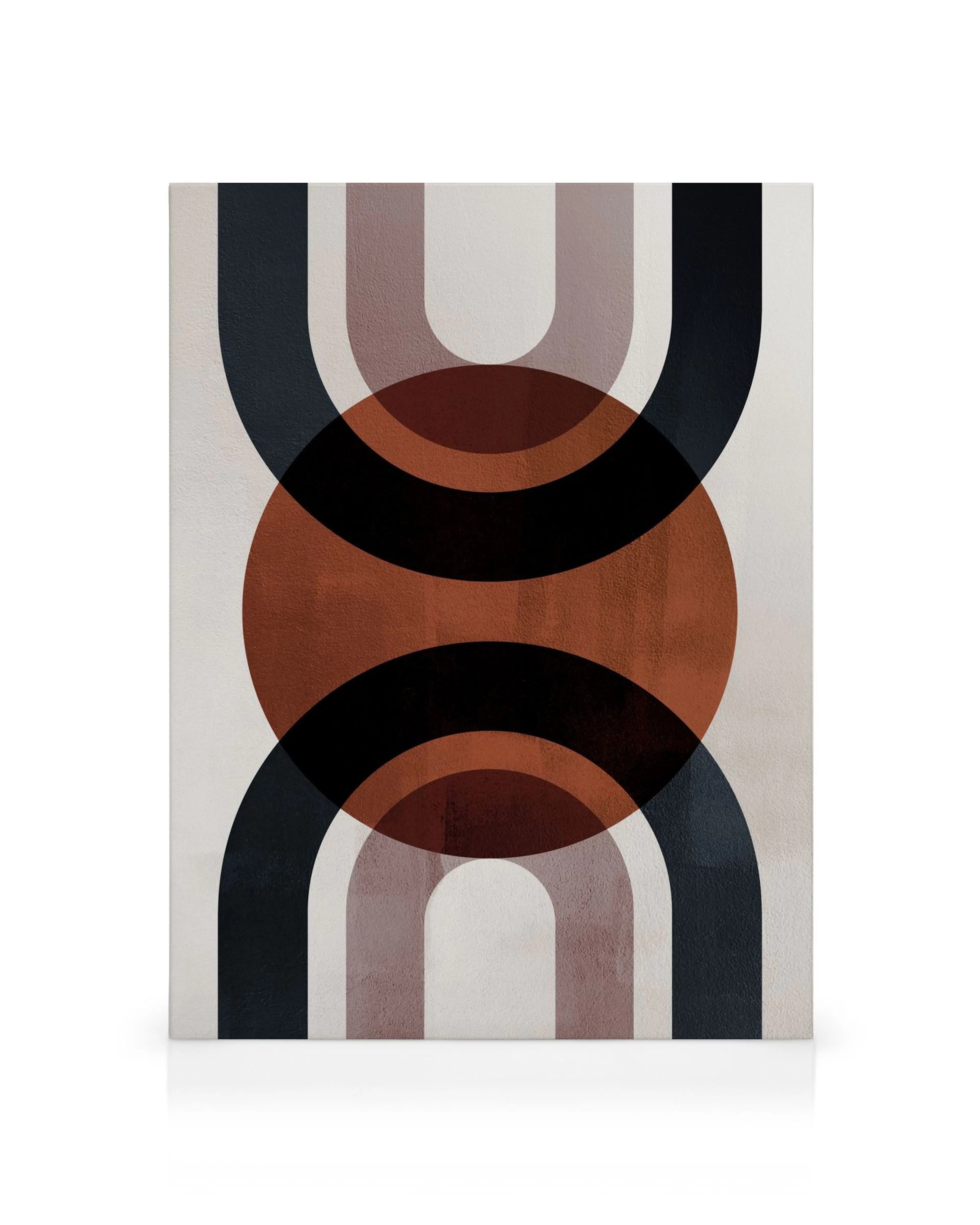 Leinwandbild mit geometrischen Formen: dunkle Bögen und Kreise überlappen sich in Schwarz, Braun, Beige.