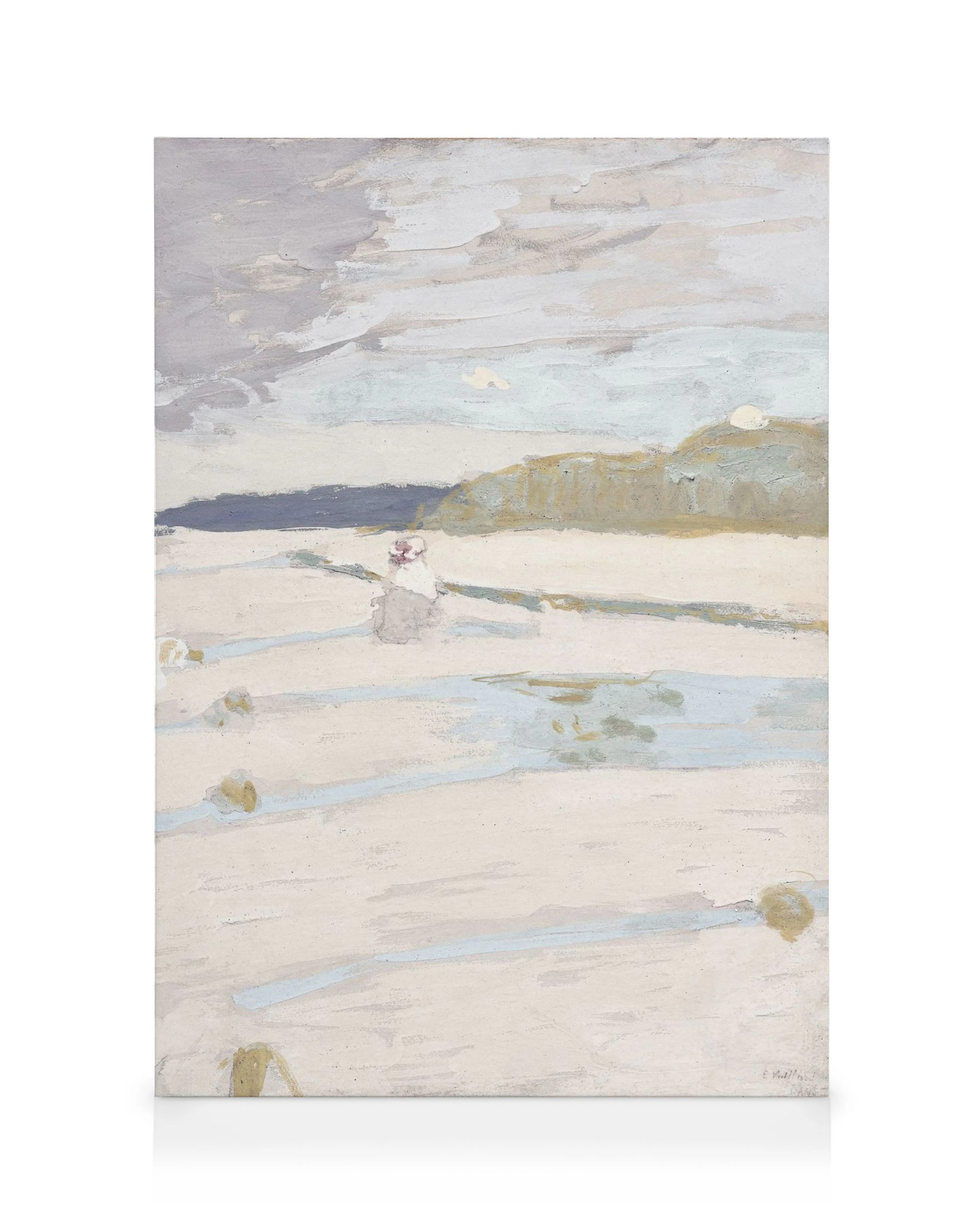 Édouard Vuillard Malerei: Strandlandschaft in Beige, Blau, Grün und Grau mit bewölktem Himmel, einer Person und Meer.
