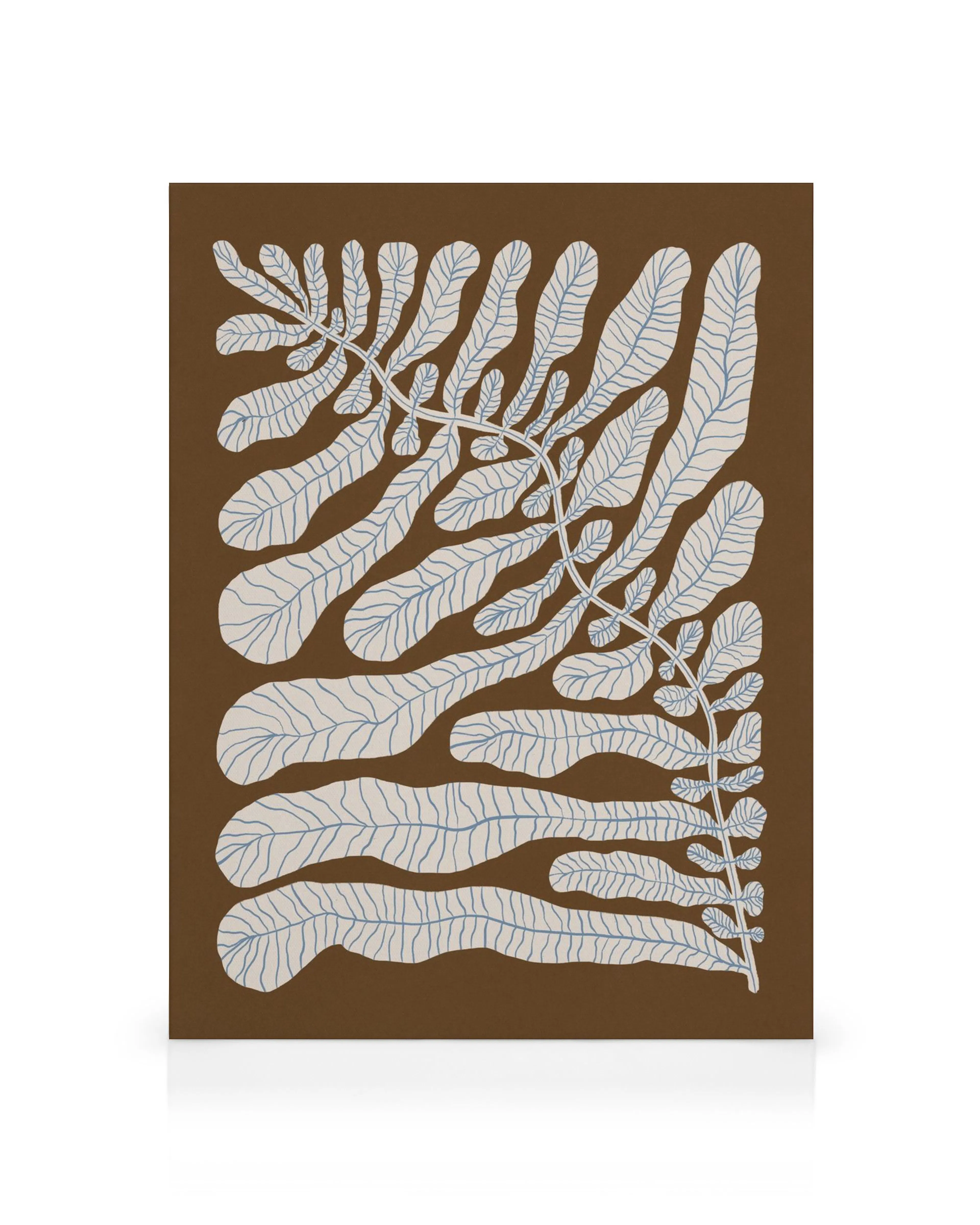 Abstrakt lærred med lyseblade grene på brun baggrund, naturkunst.