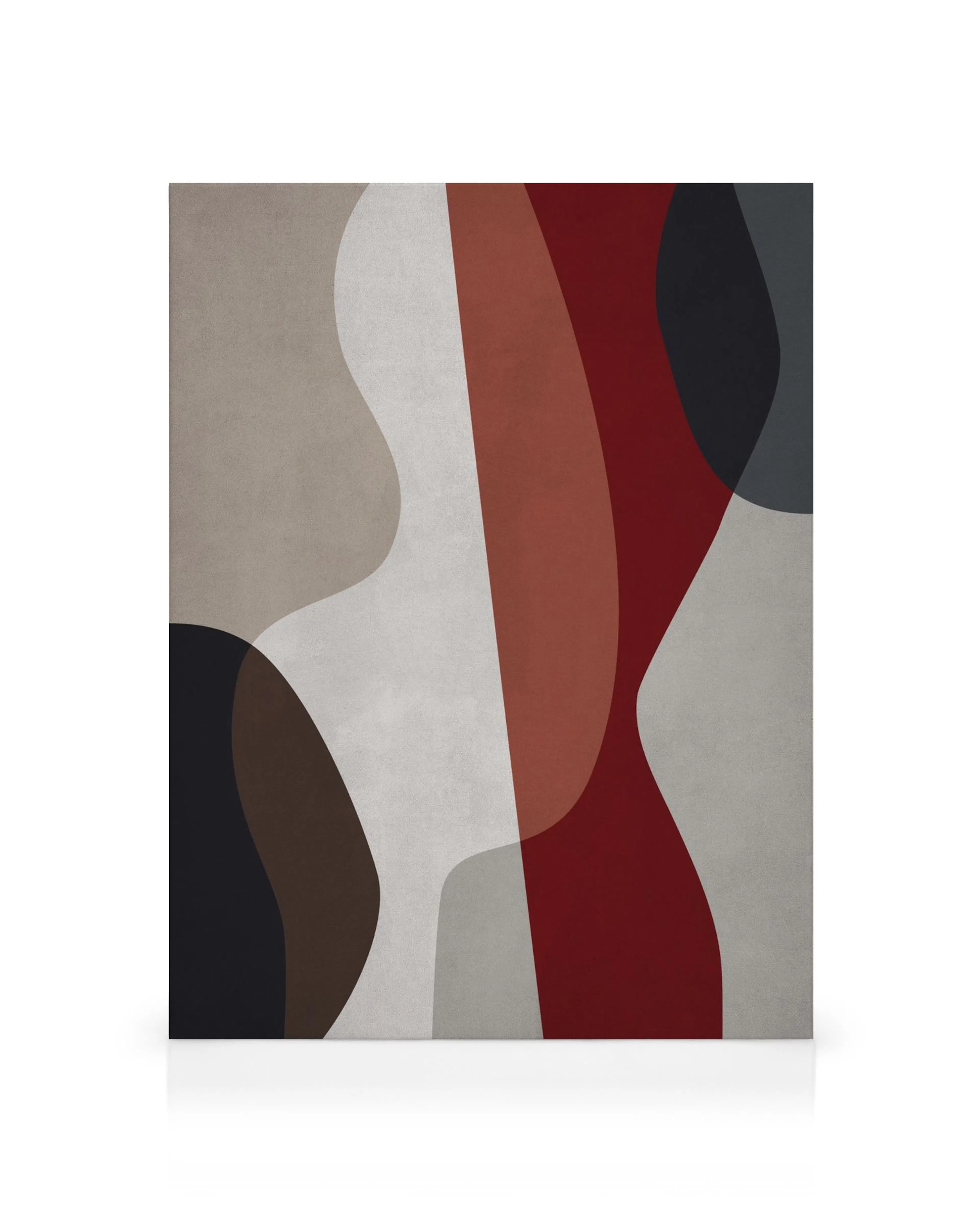 Leinwandbild mit kräftigen, grafischen Formen in Rot, Beige, Dunkelblau und Braun, die ineinandergreifen.