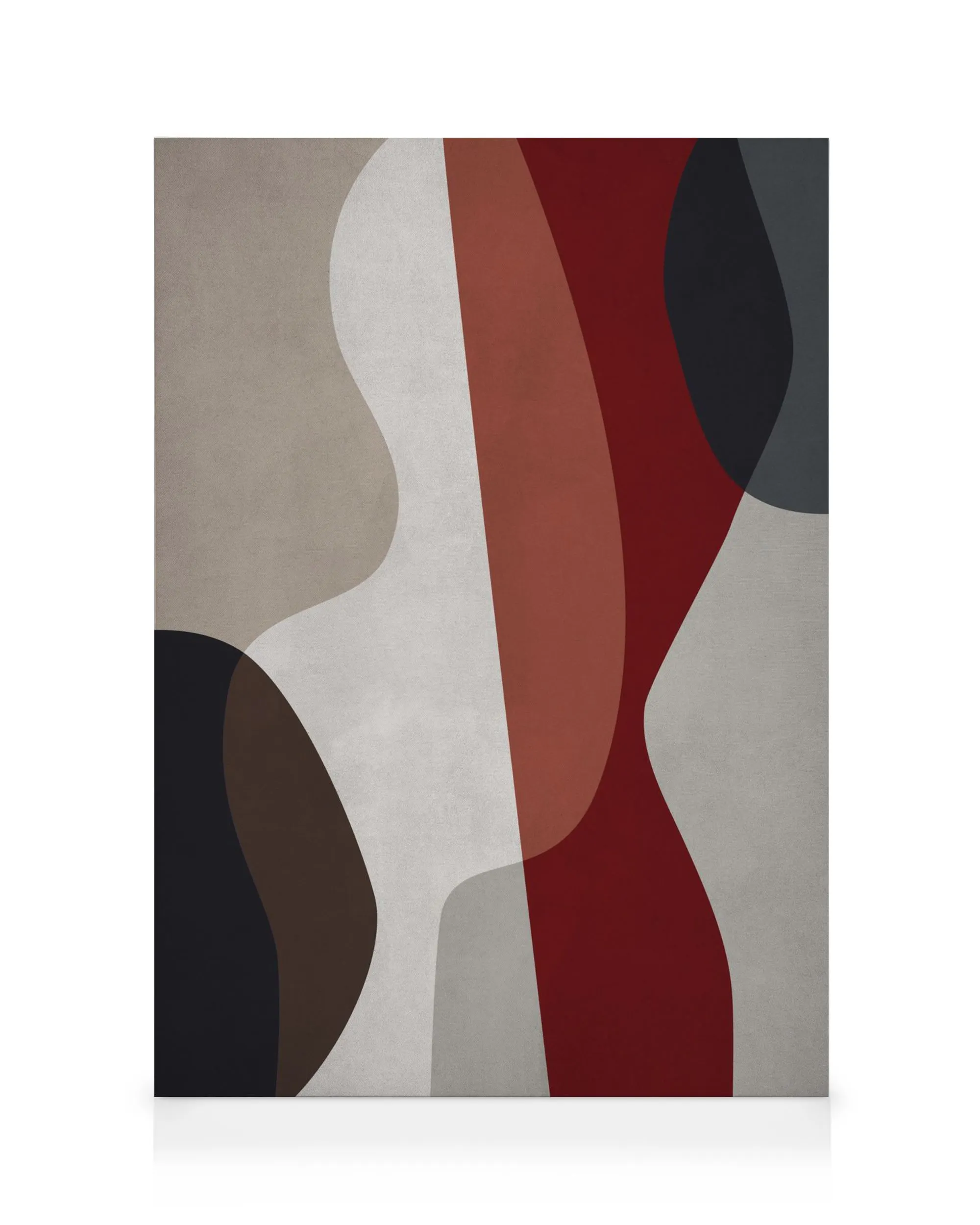 Abstract canvas print with curved shapes in brown, red, black, beige, and grey on a white background.
