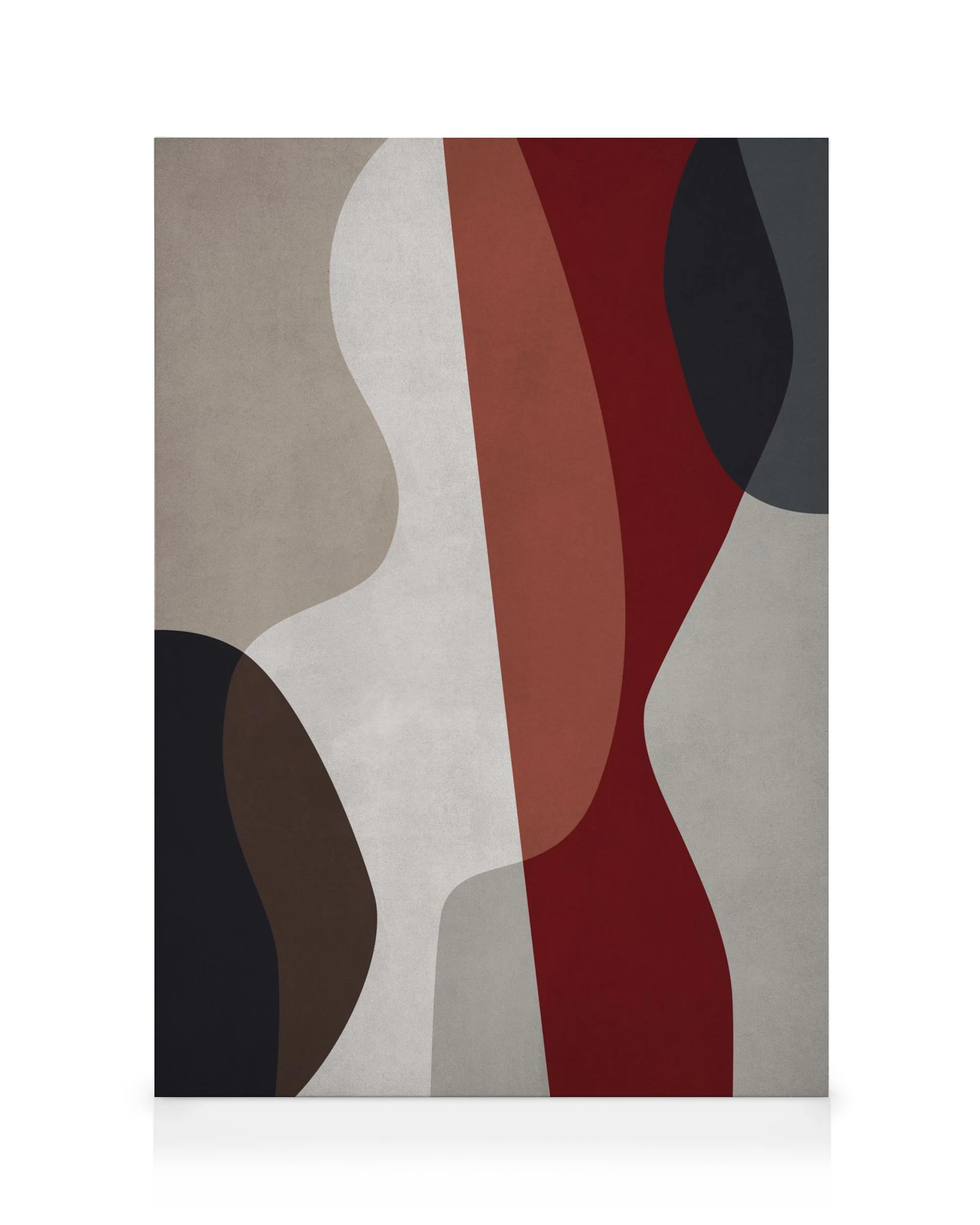 Abstract canvas print with curved shapes in brown, red, black, beige, and grey on a white background.