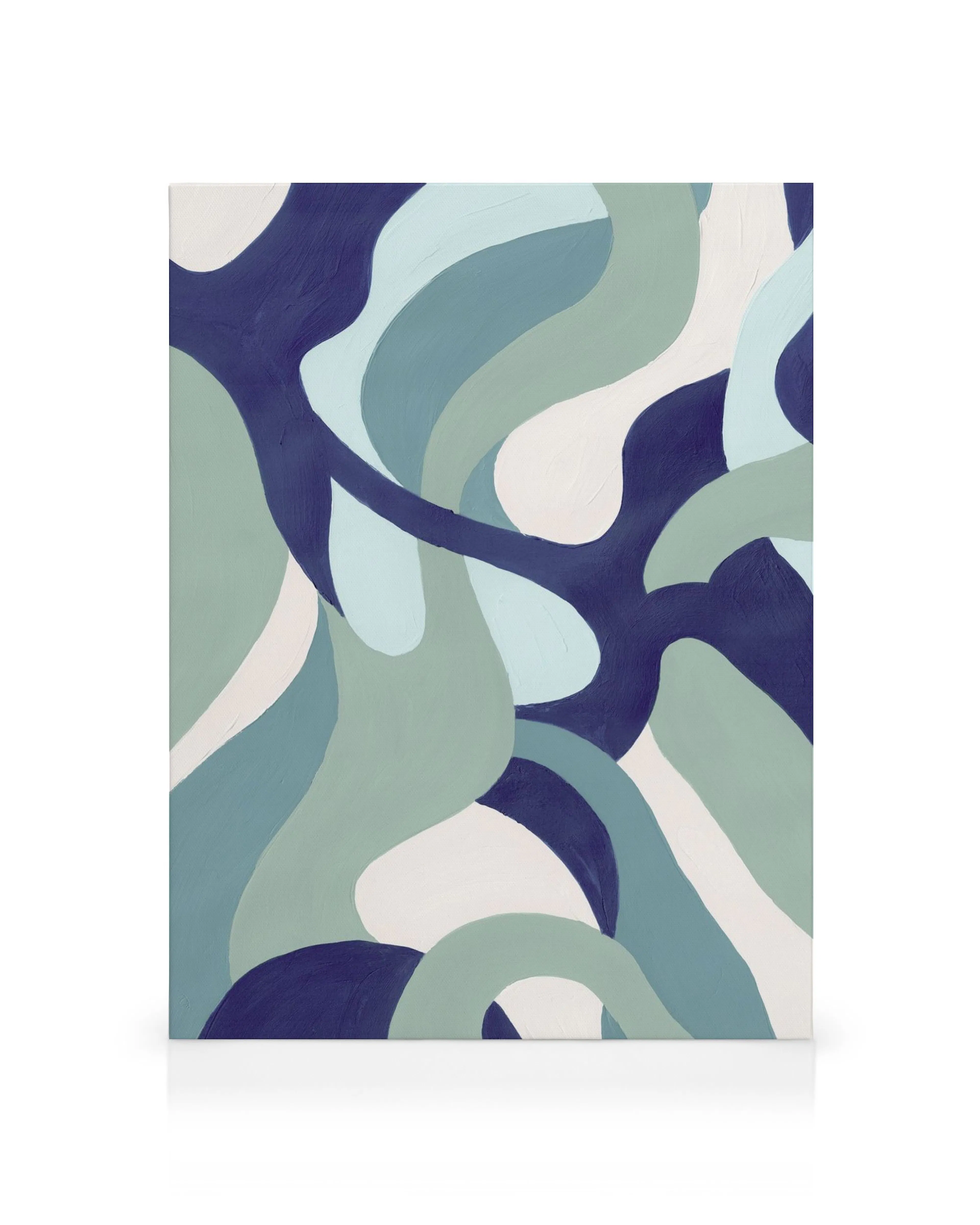 Toile abstraite aux formes organiques bleues, vertes et blanches, aux courbes douces et fluides. Idéale pour une ambiance calme.