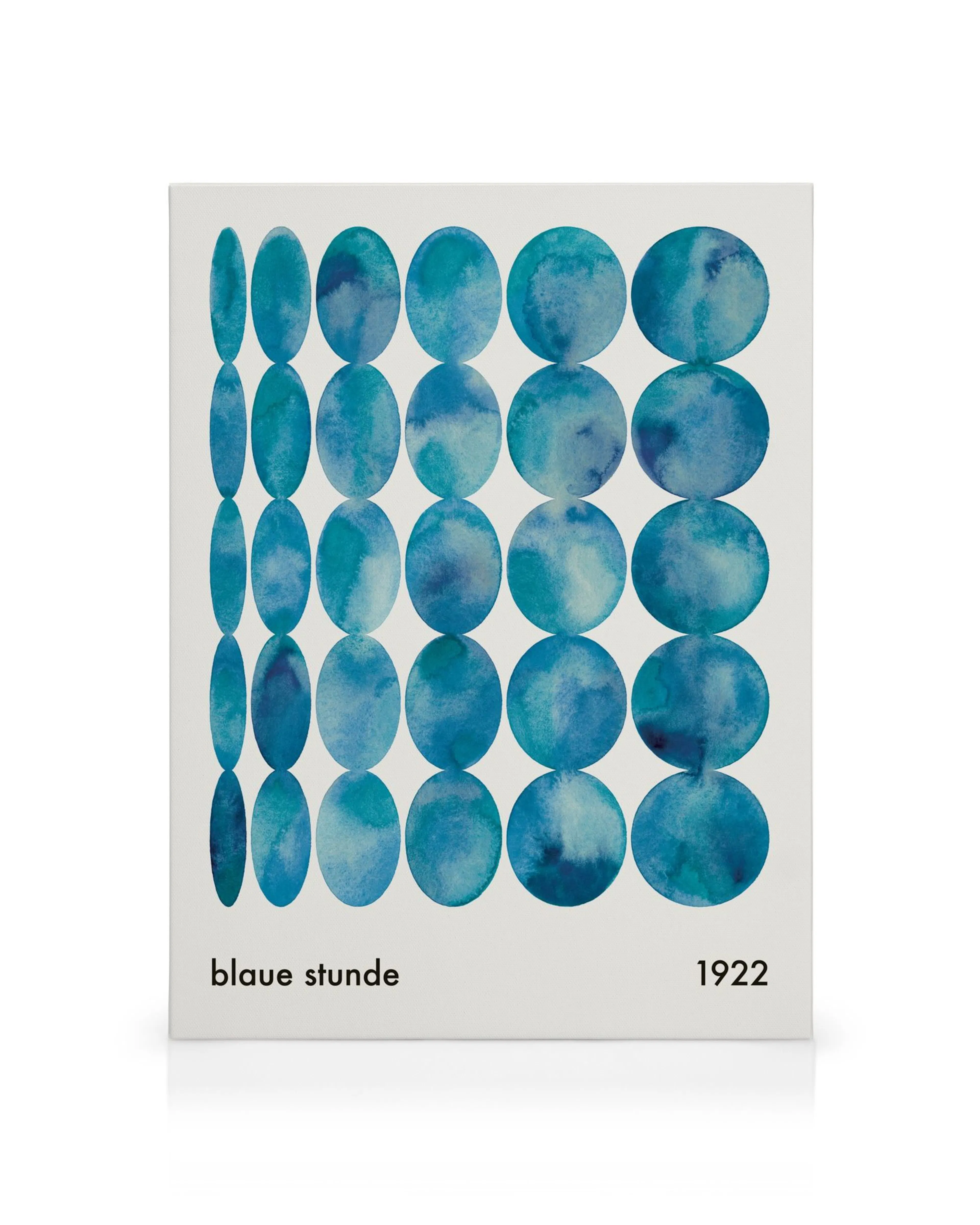 Toile abstraite Blaue Stunde avec cercles bleus aquarelle en cinq colonnes sur fond blanc, typographie 1922