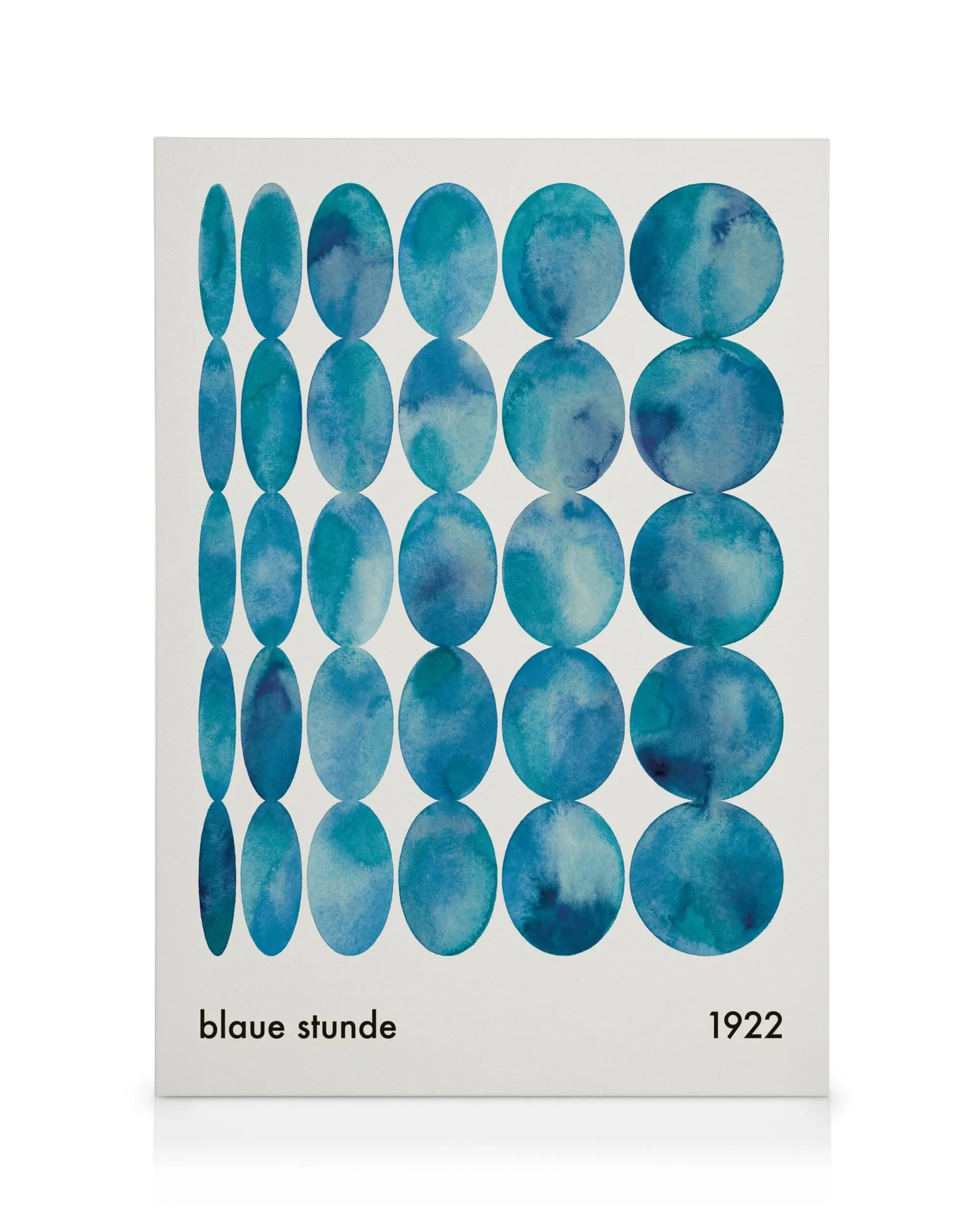 Blaue Stunde Canvas: Abstract art with blue and teal watercolor circles and ovals arranged in columns on a white background.