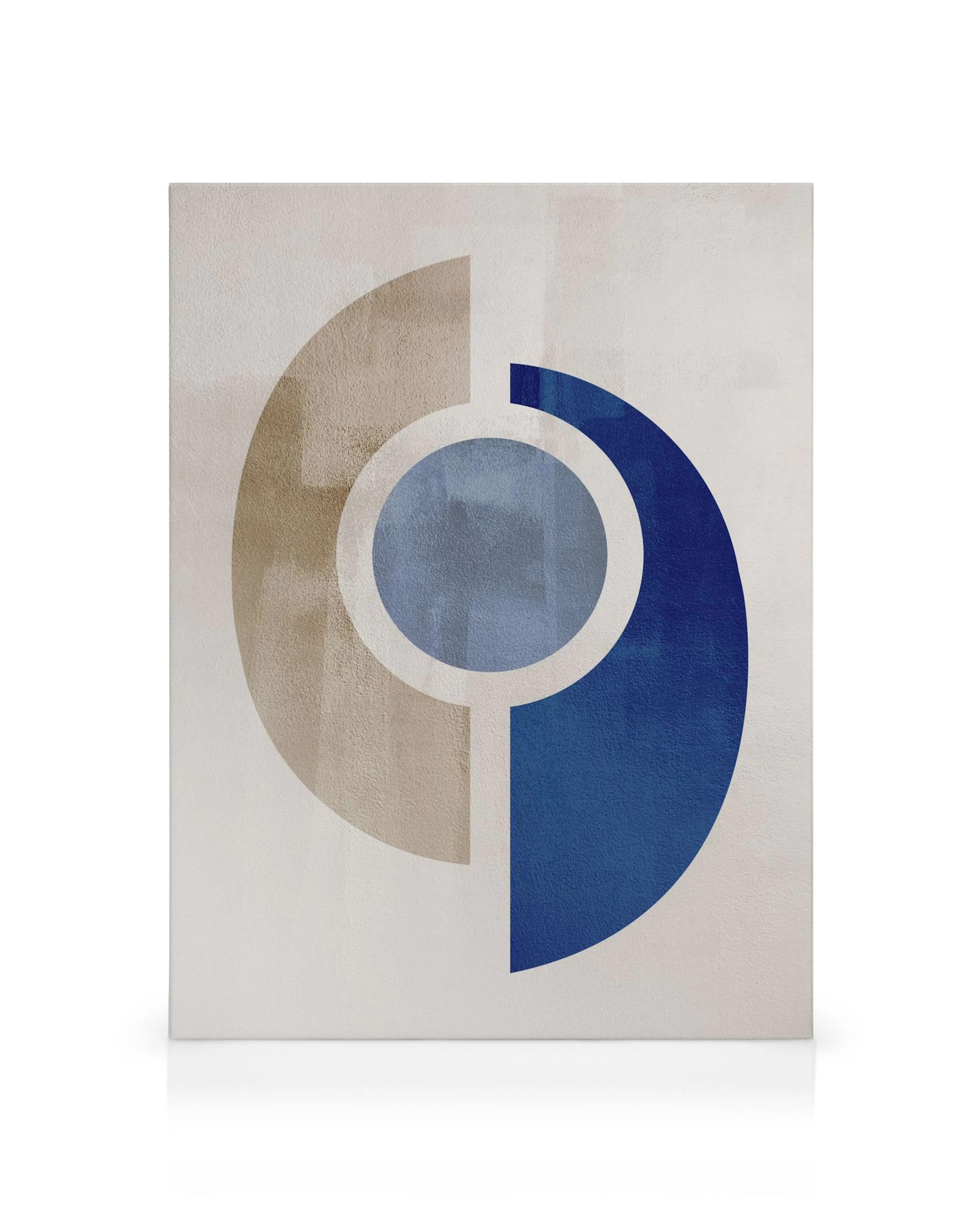 Abstrakt geometrisk canvastavla med beige halvcirkel, blå kvartscirkel och vit cirkel på off-white bakgrund, modern konst.