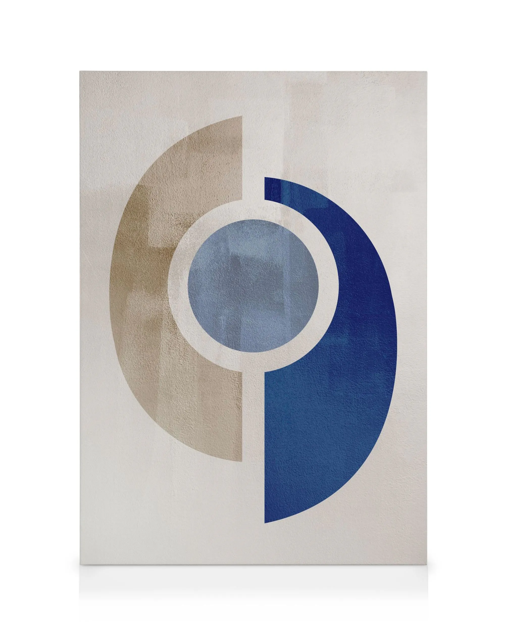 Geometrisches Leinwandbild, halbkreisförmige Formen in Blau und Beige, ein zentraler hellblauer Kreis