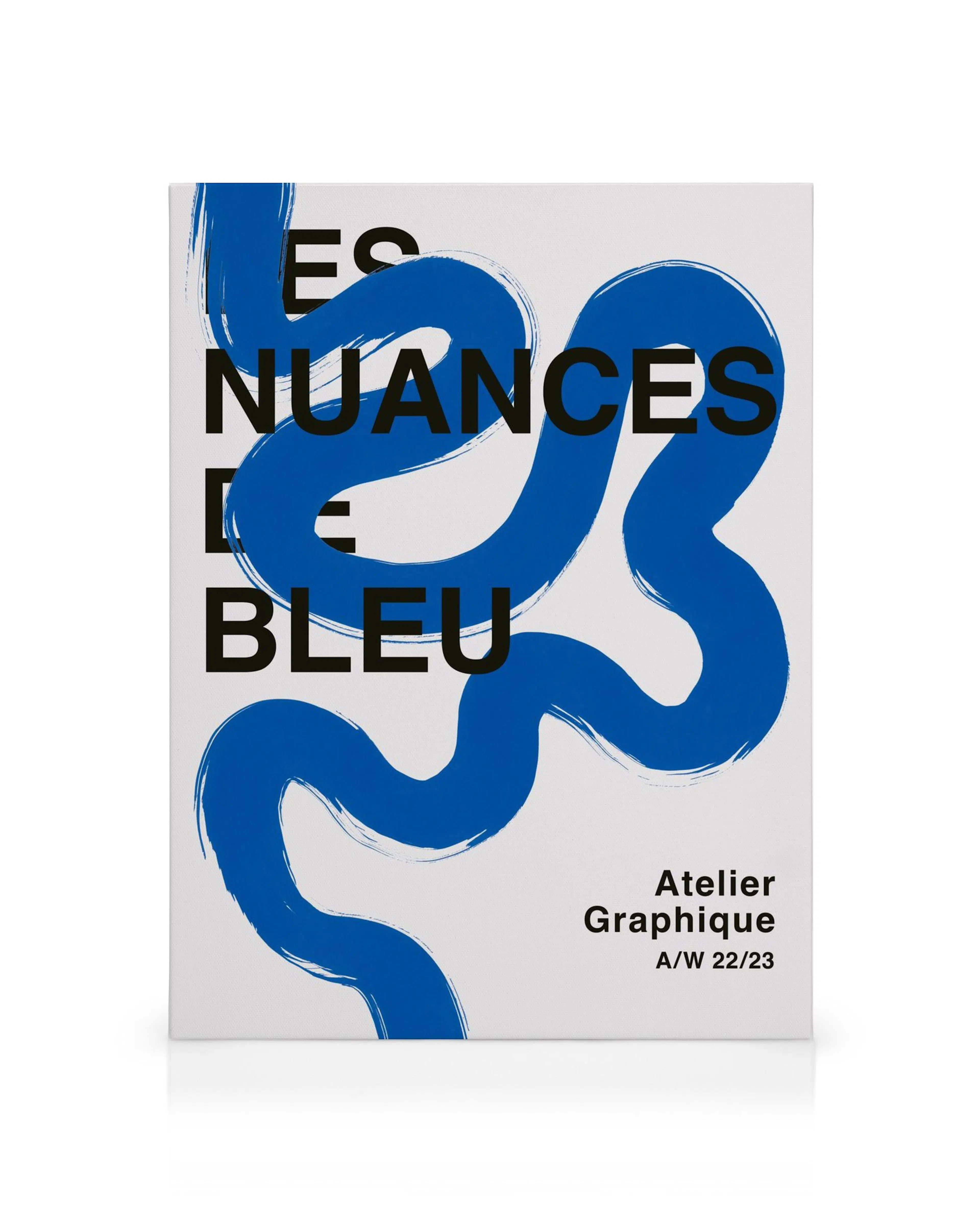 Les Nuances de Bleu canvas print with a bold blue curvy line and black text on a white background, modern art.