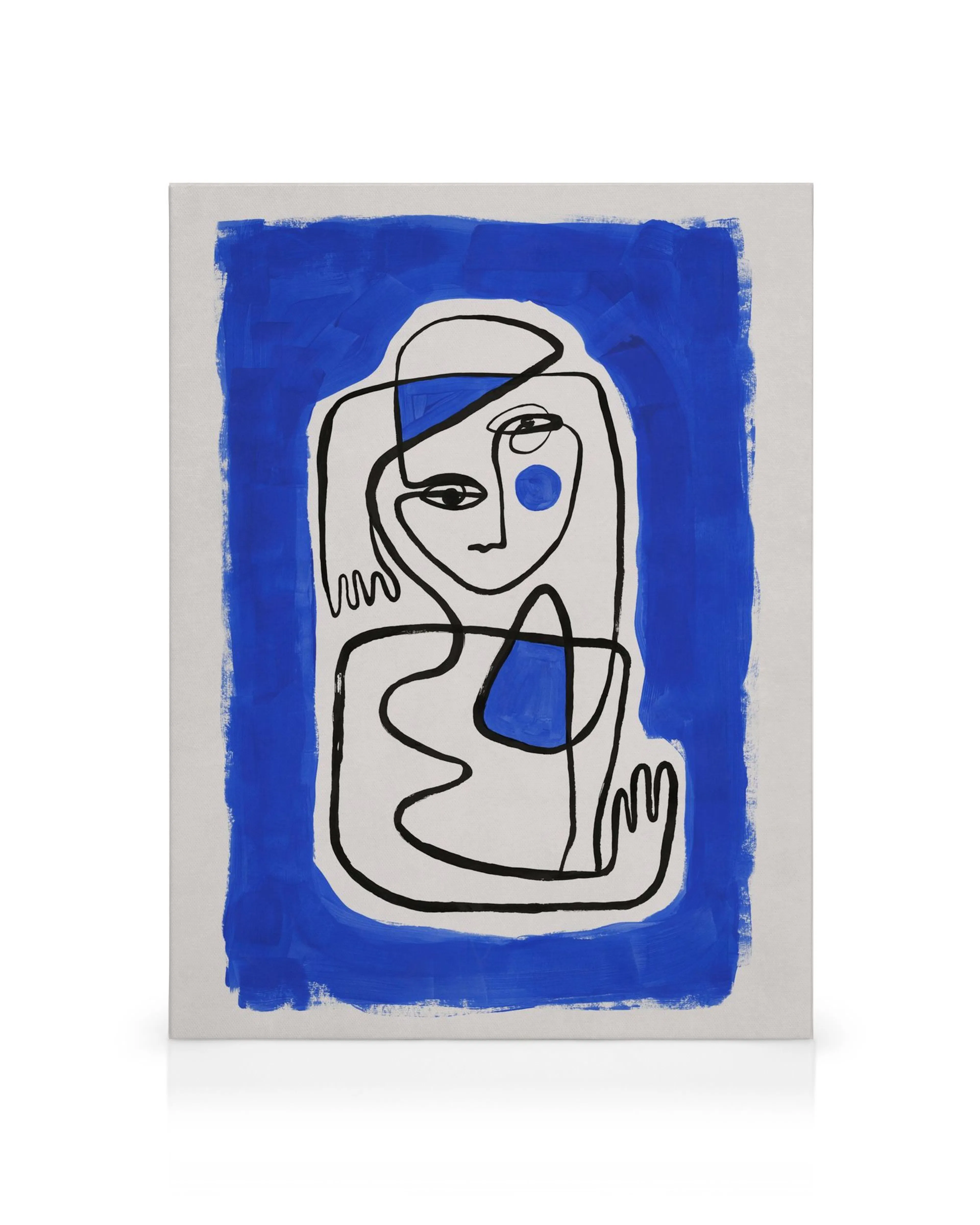 Stampa su tela Pose in Blue con disegno astratto di figura a linea nera su sfondo bianco e cornice blu.
