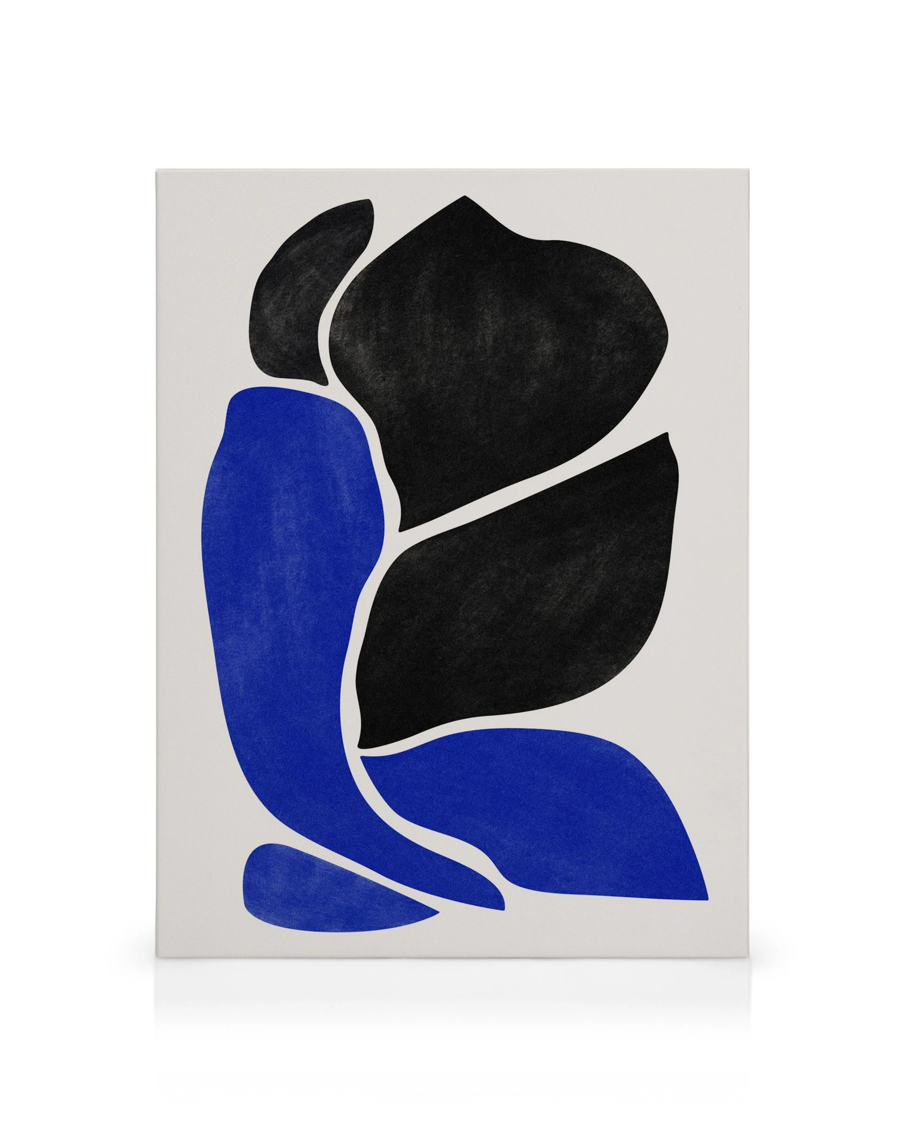 Stampa su tela con forme curve blu e nere su sfondo bianco, design elegante per parete.