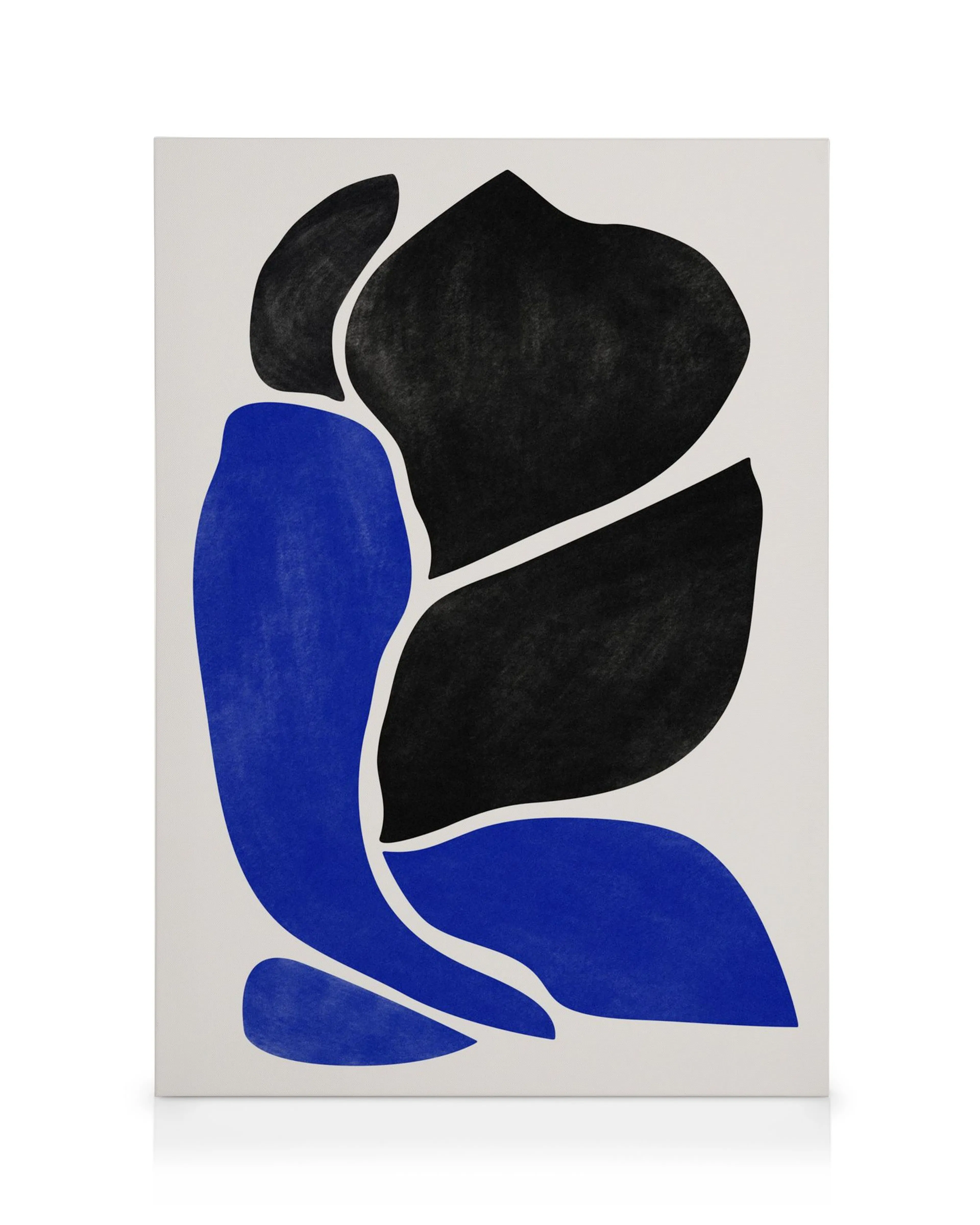 Abstract canvas print with black and blue curvy shapes resembling leaves or petals on a white background, modern art.