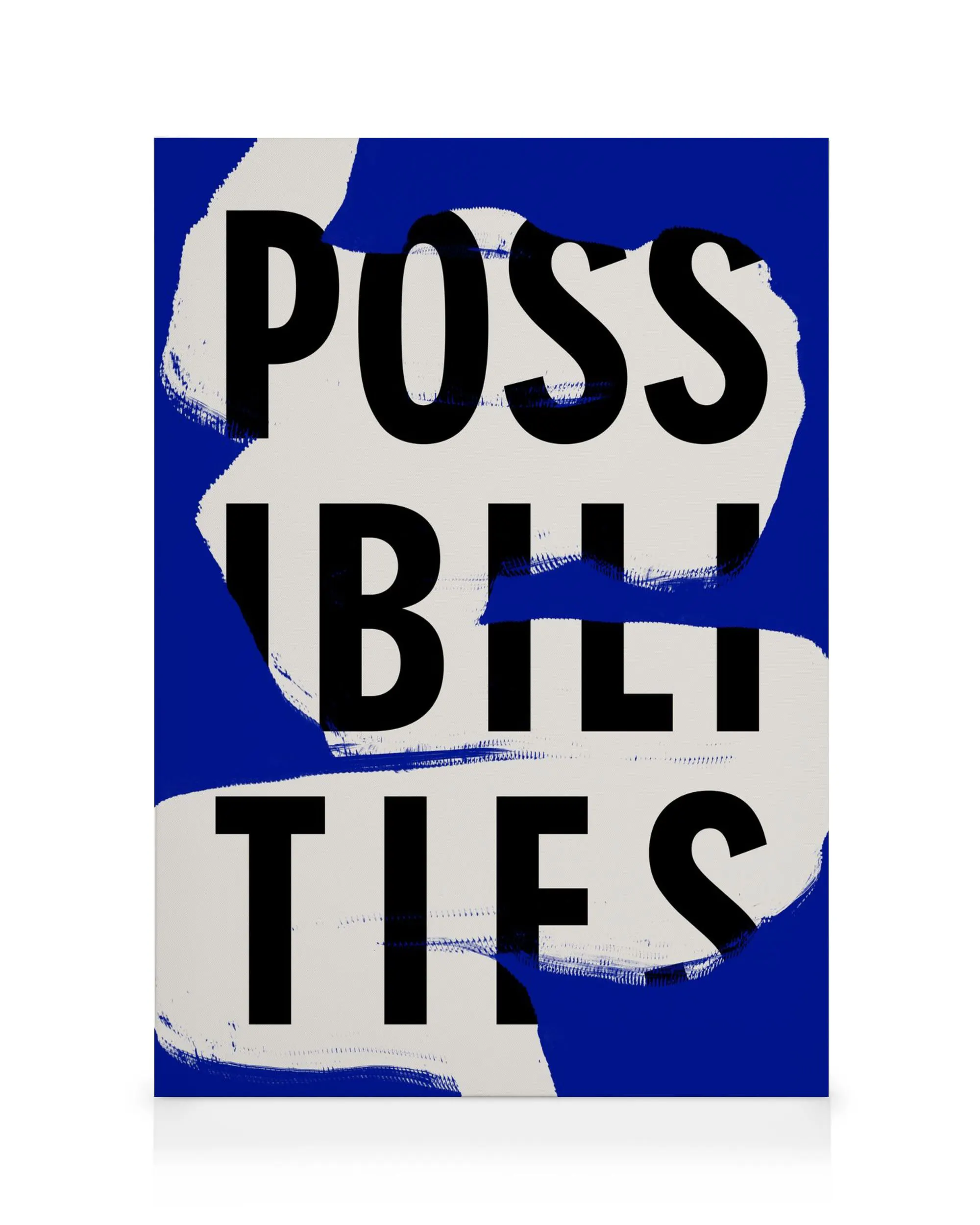 Possibilities canvas print with bold black text on blue and white abstract background