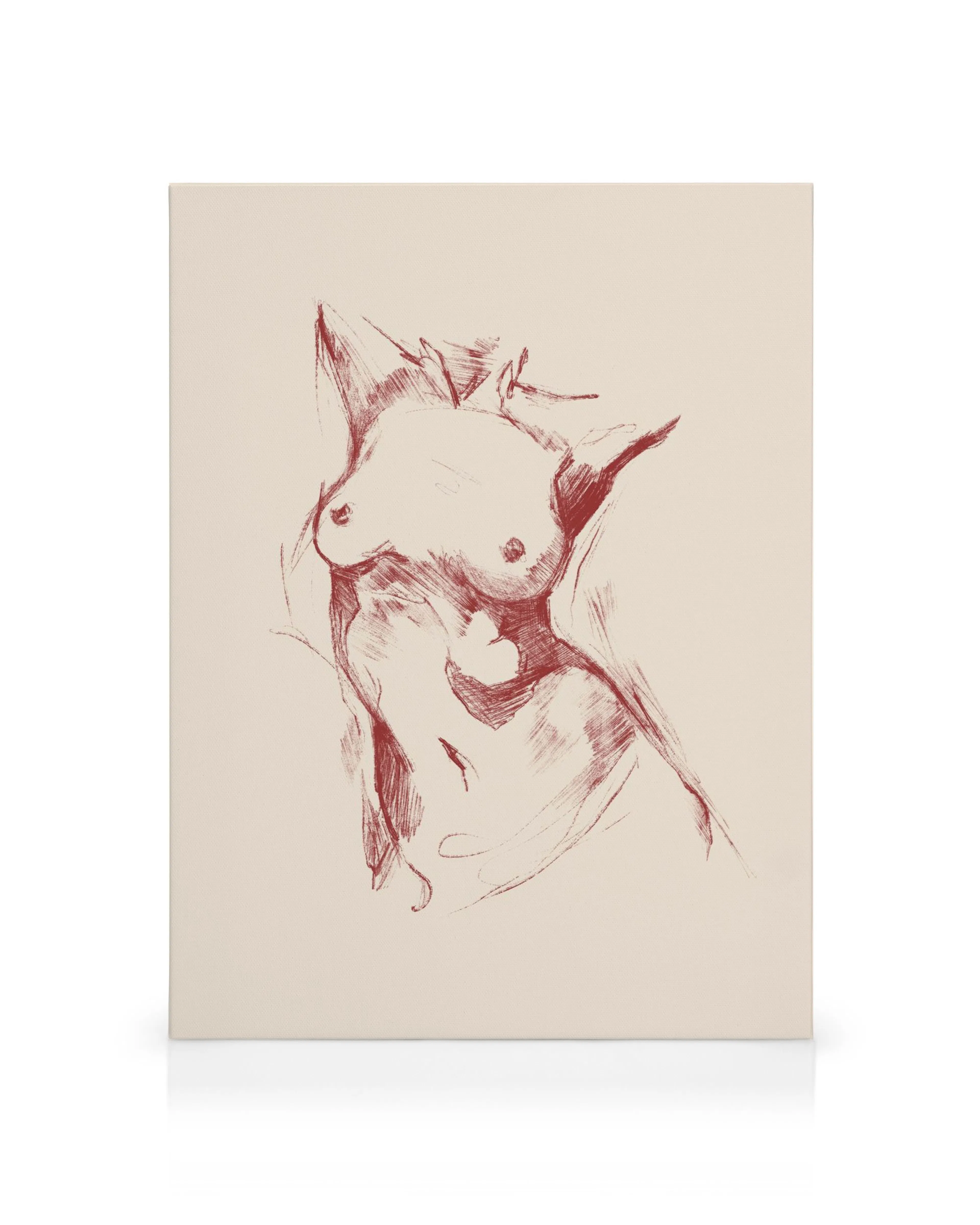 Abstract body sketch canvas print with red line art on a cream background, modern art.