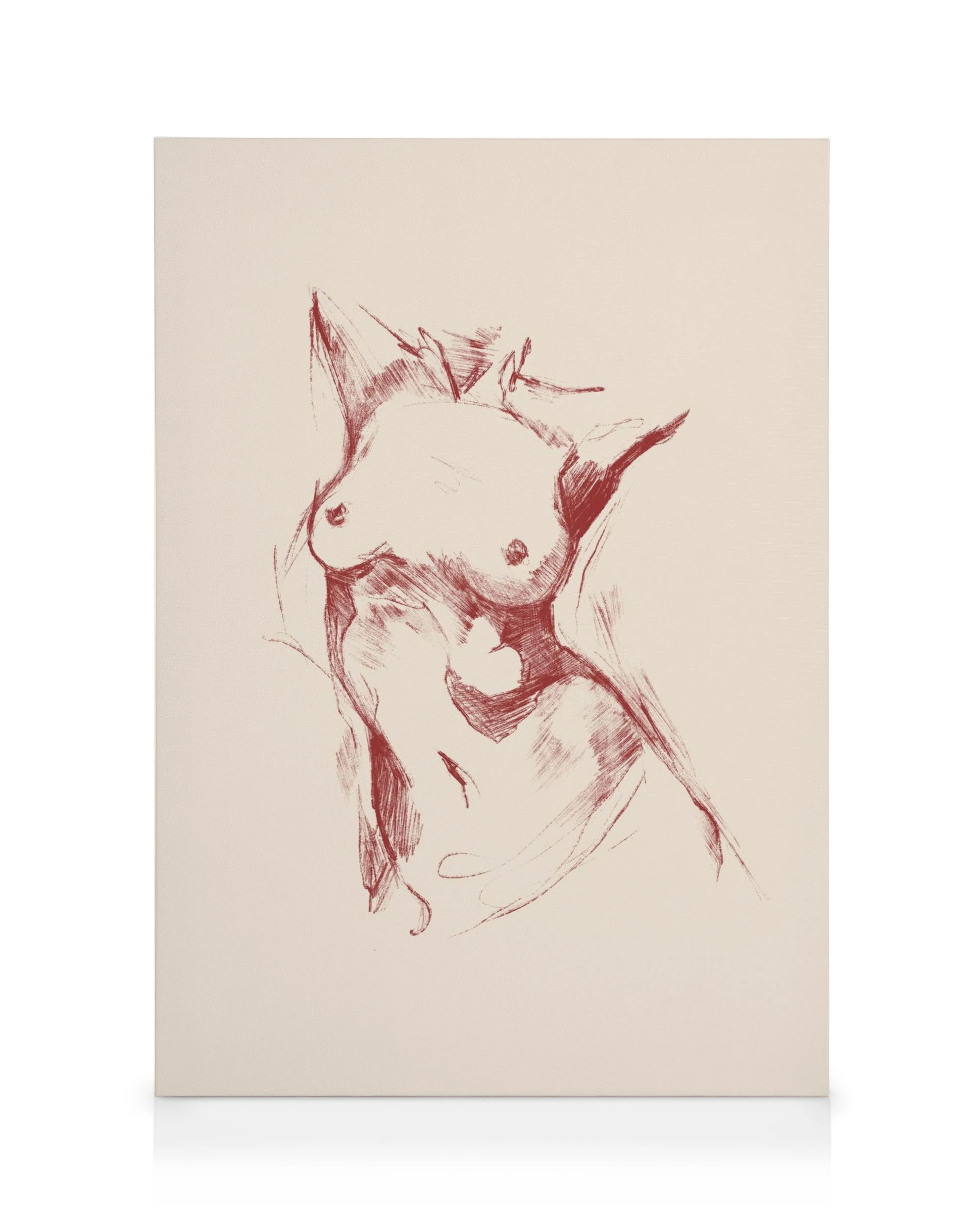 Rode schets van vrouwelijk bovenlichaam op beige canvas, expressieve lijnen, anatomische studie, body positivity