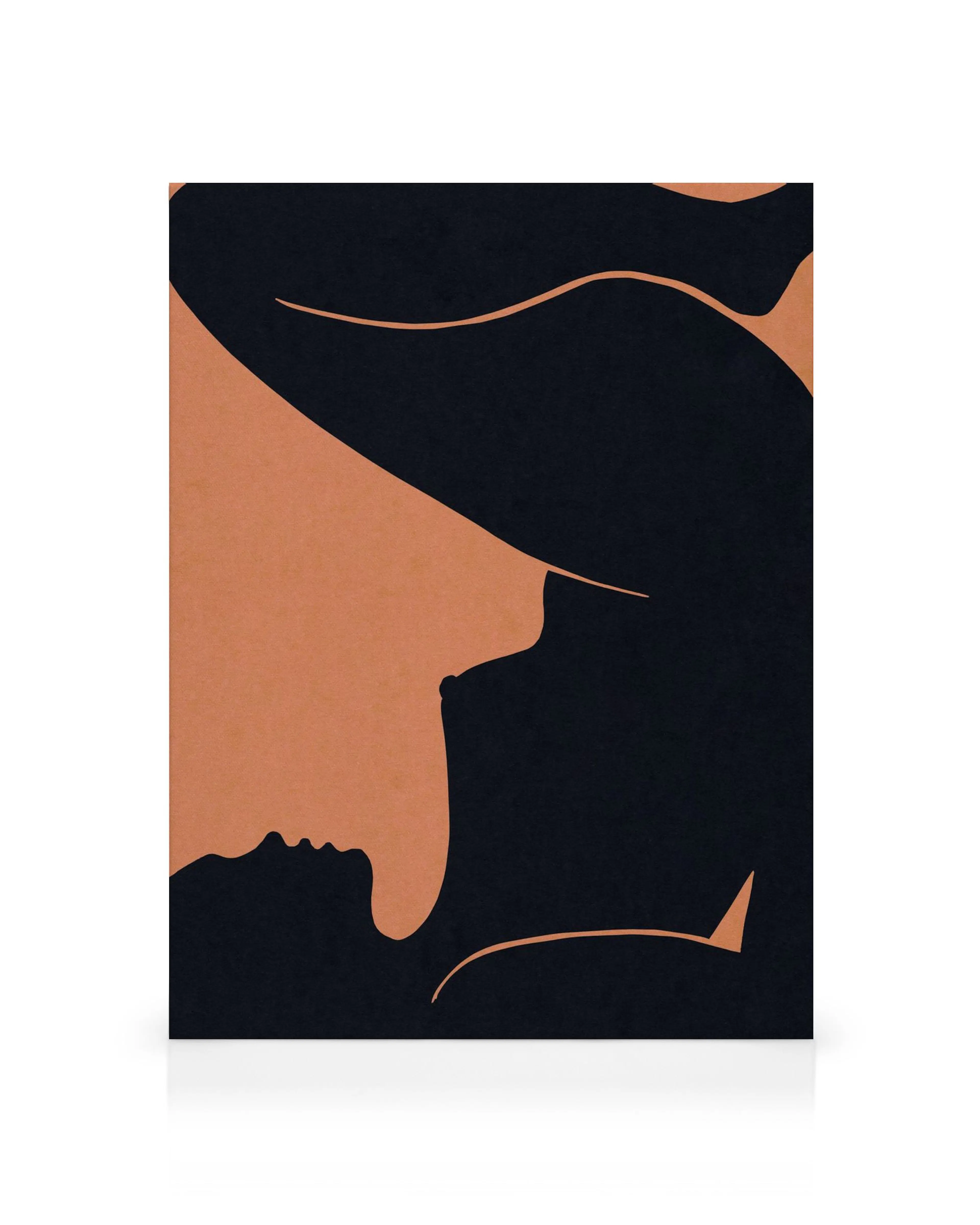 Lærred med silhuet af en liggende kvinde i sort og orange, elegant og enkelt design.