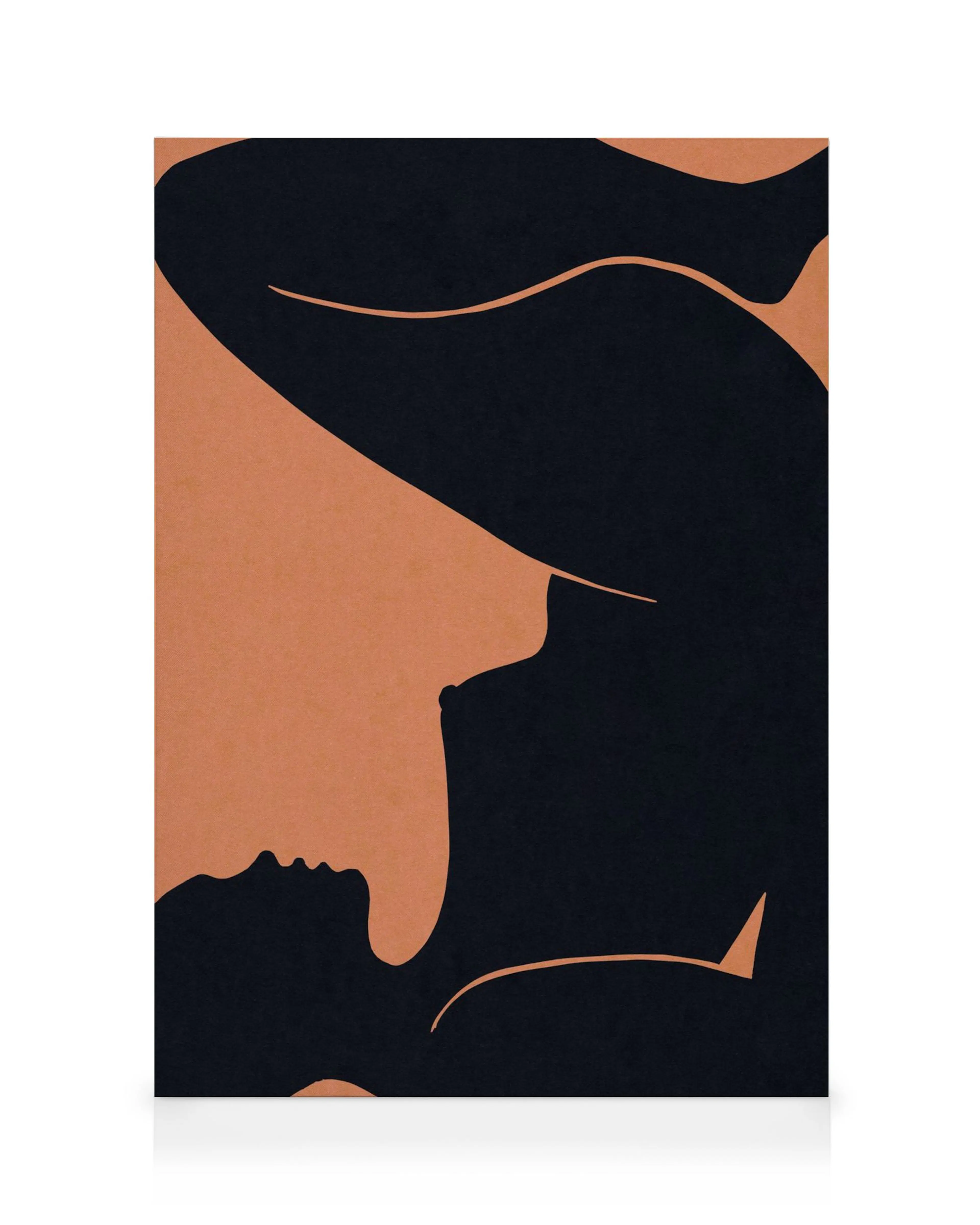 Nowoczesny obraz na płótnie Papercut Woman: czarne geometryczne kształty tworzą profil kobiety na brzoskwiniowym tle.