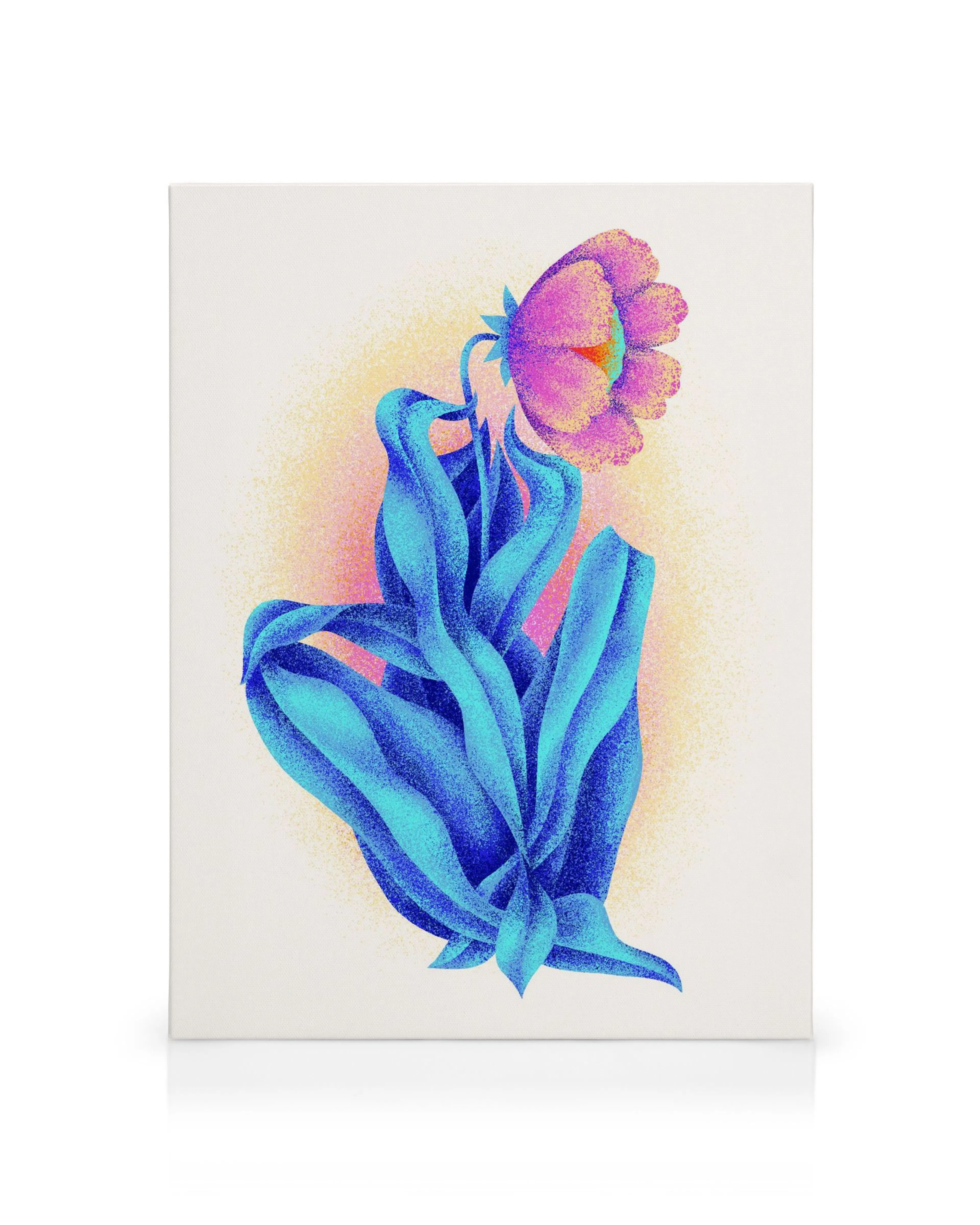 Lienzo botánico abstracto con cinta azul, flor rosa y textura naranja sobre fondo blanco.