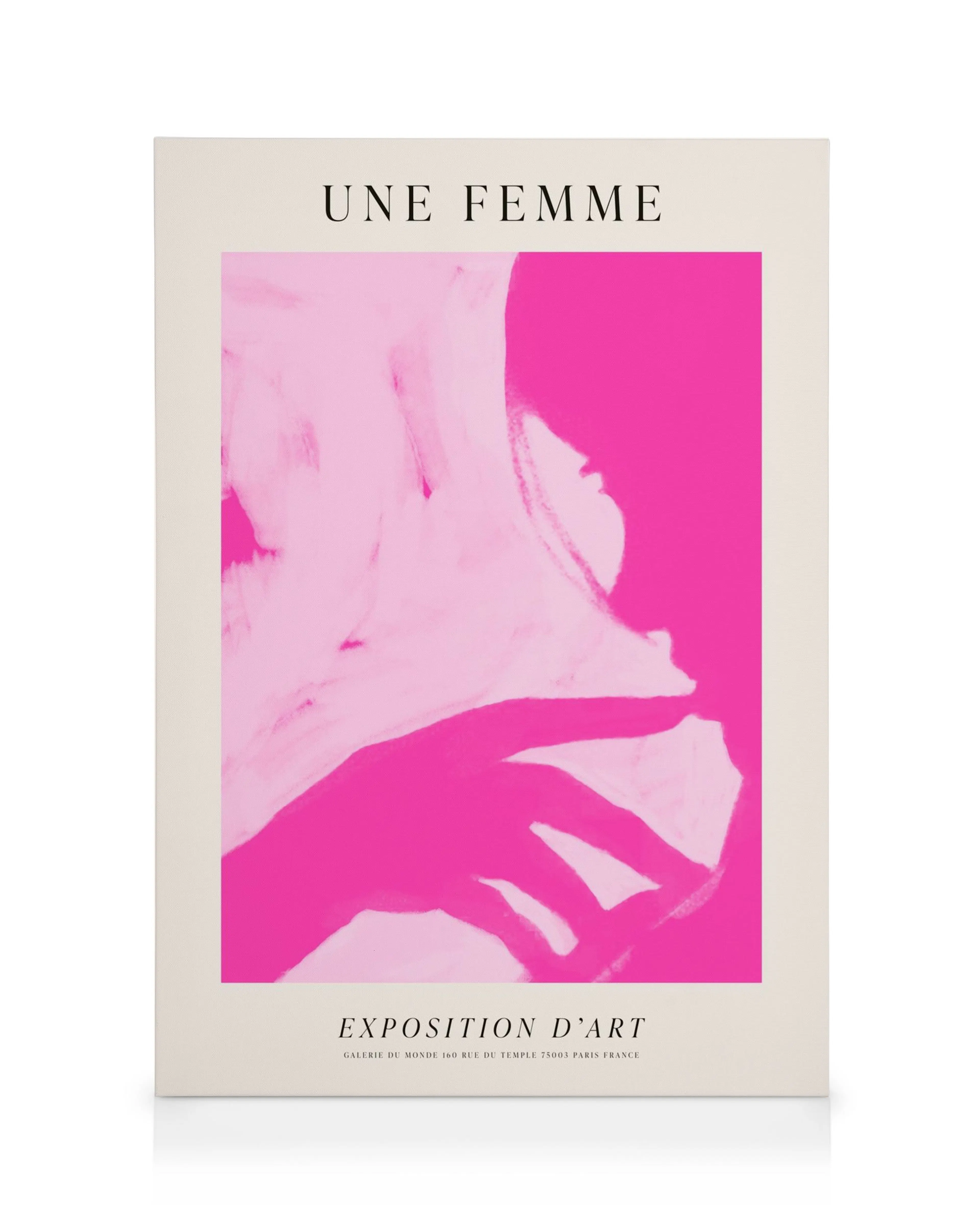 Toile abstraite rose et fuchsia avec le profil dune femme et une main, typographie Exposition dArt