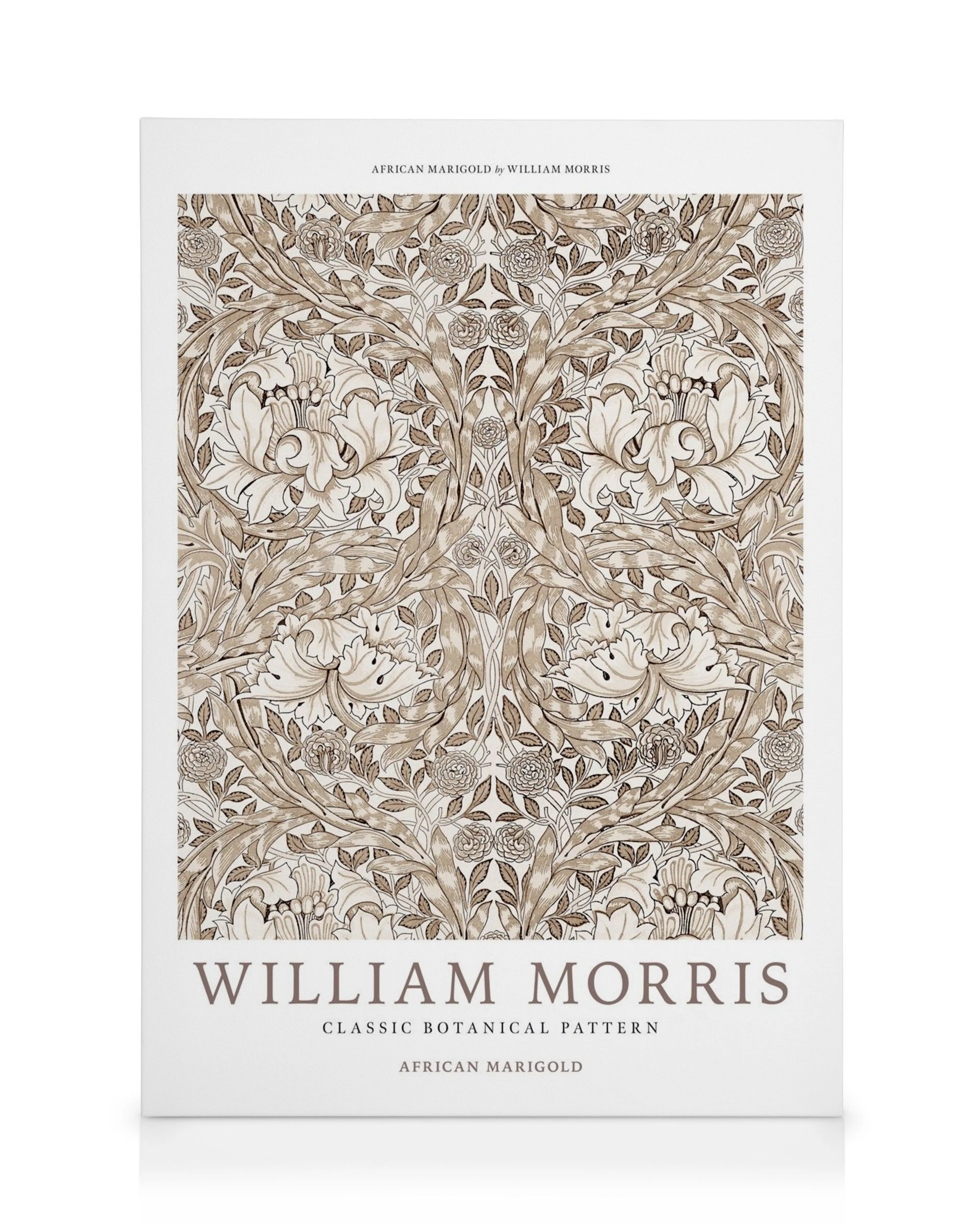 Stampa su tela con motivo floreale botanico di William Morris, African Marigold, in tonalità marroni e beige.