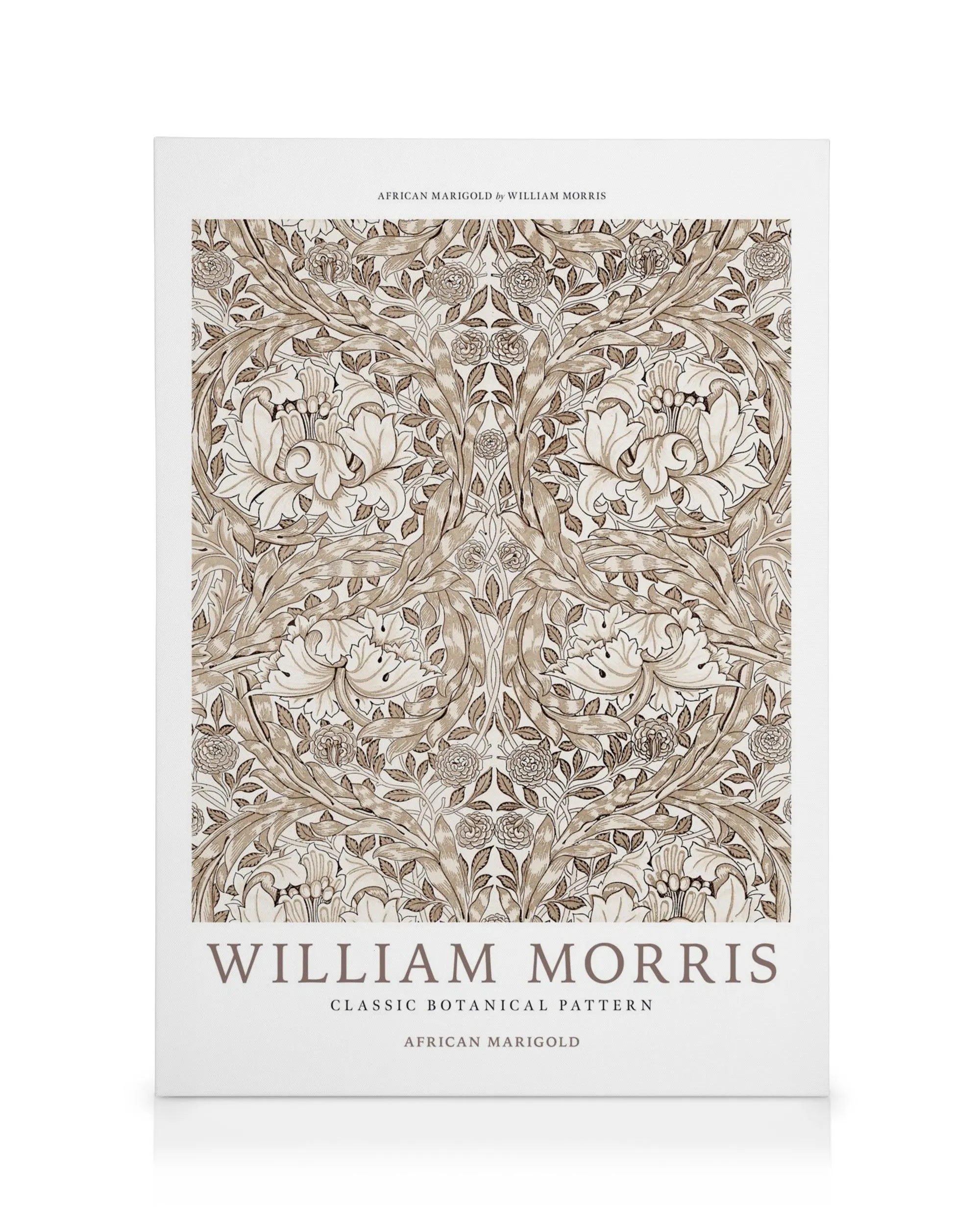 A canvas print with a William Morris African Marigold pattern in brown and beige botanical motifs.