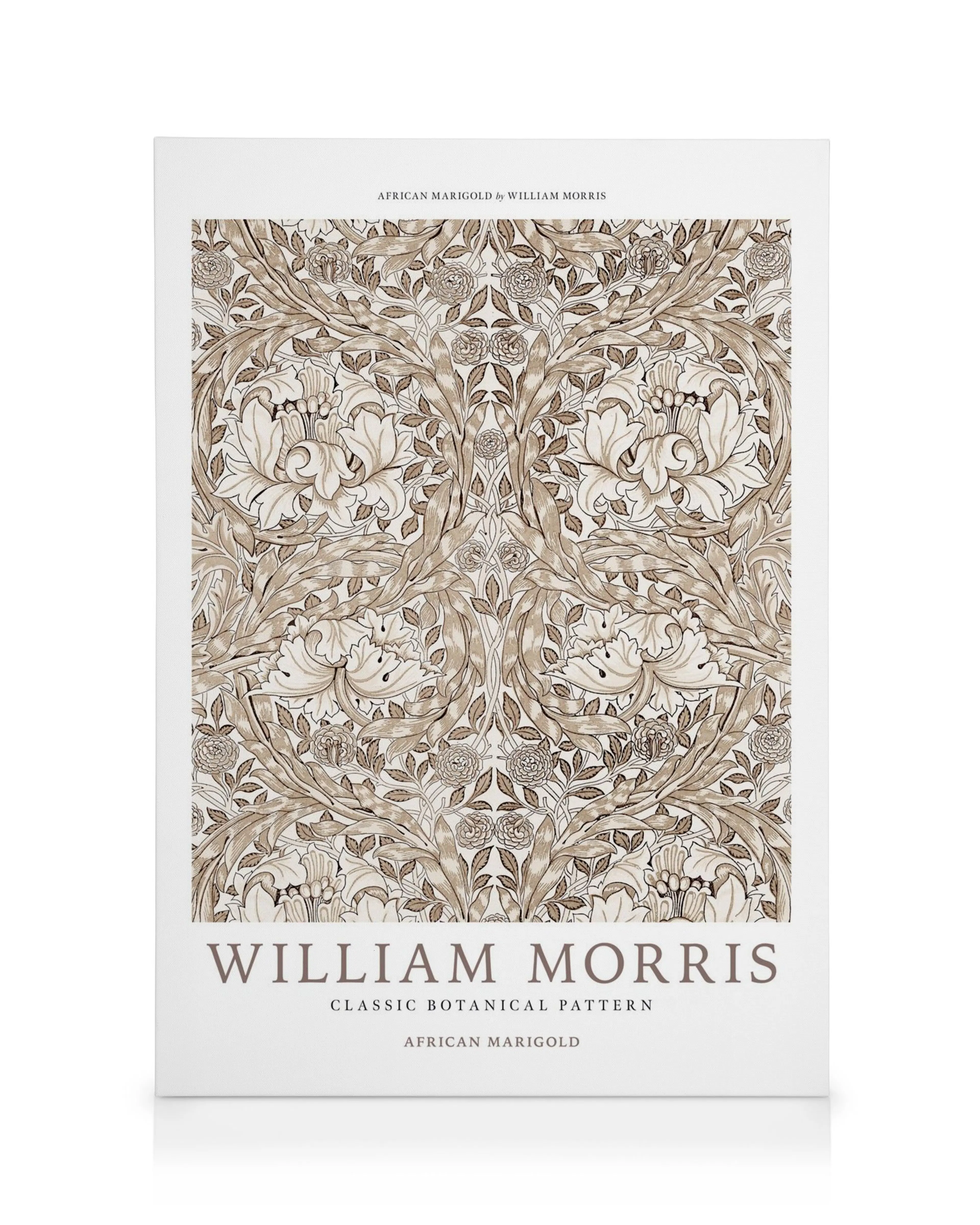 A canvas print with a William Morris African Marigold pattern in brown and beige botanical motifs.