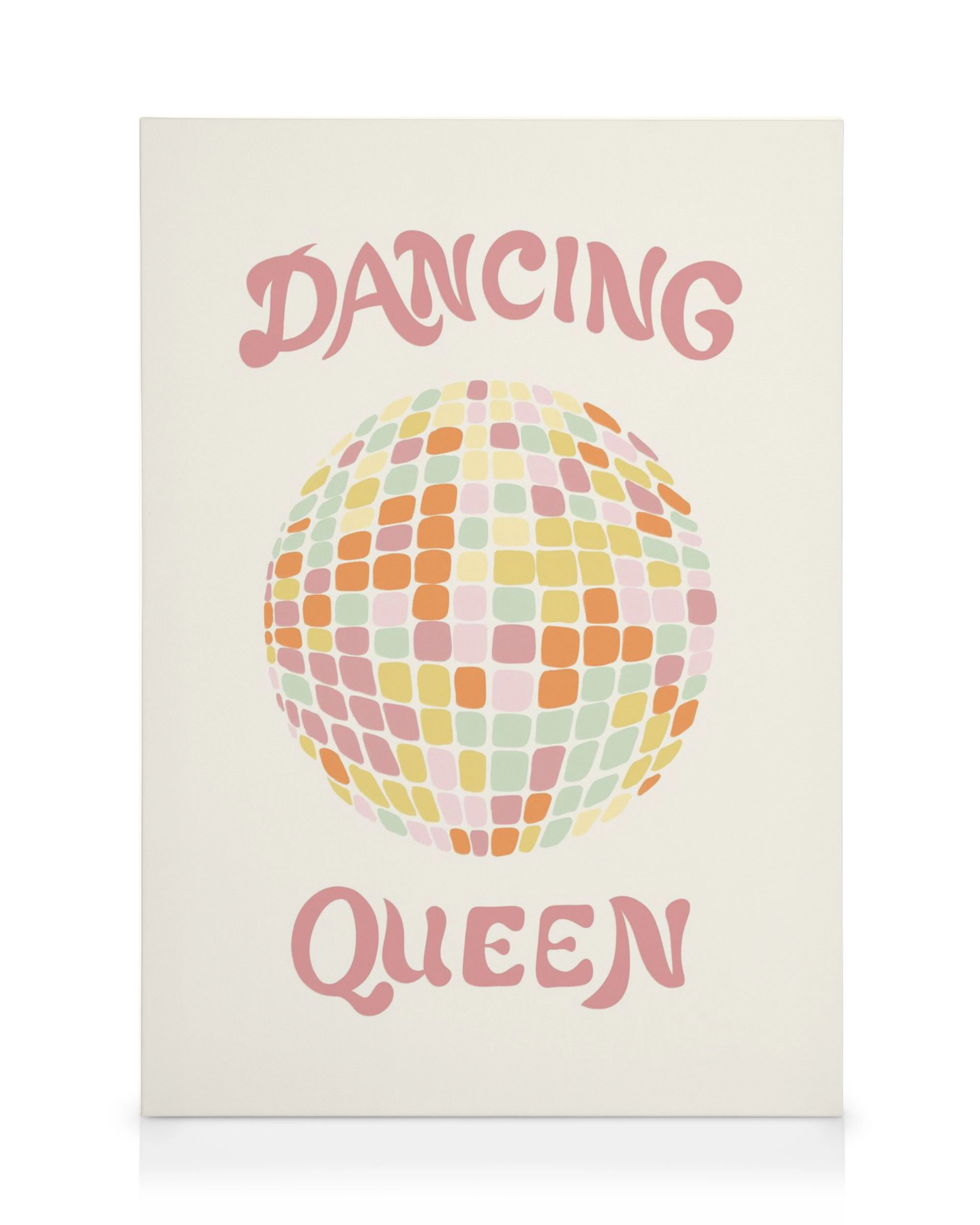 Leinwandbild mit bunter Discokugel und Schriftzug Dancing Queen in Rosa auf hellem Hintergrund.