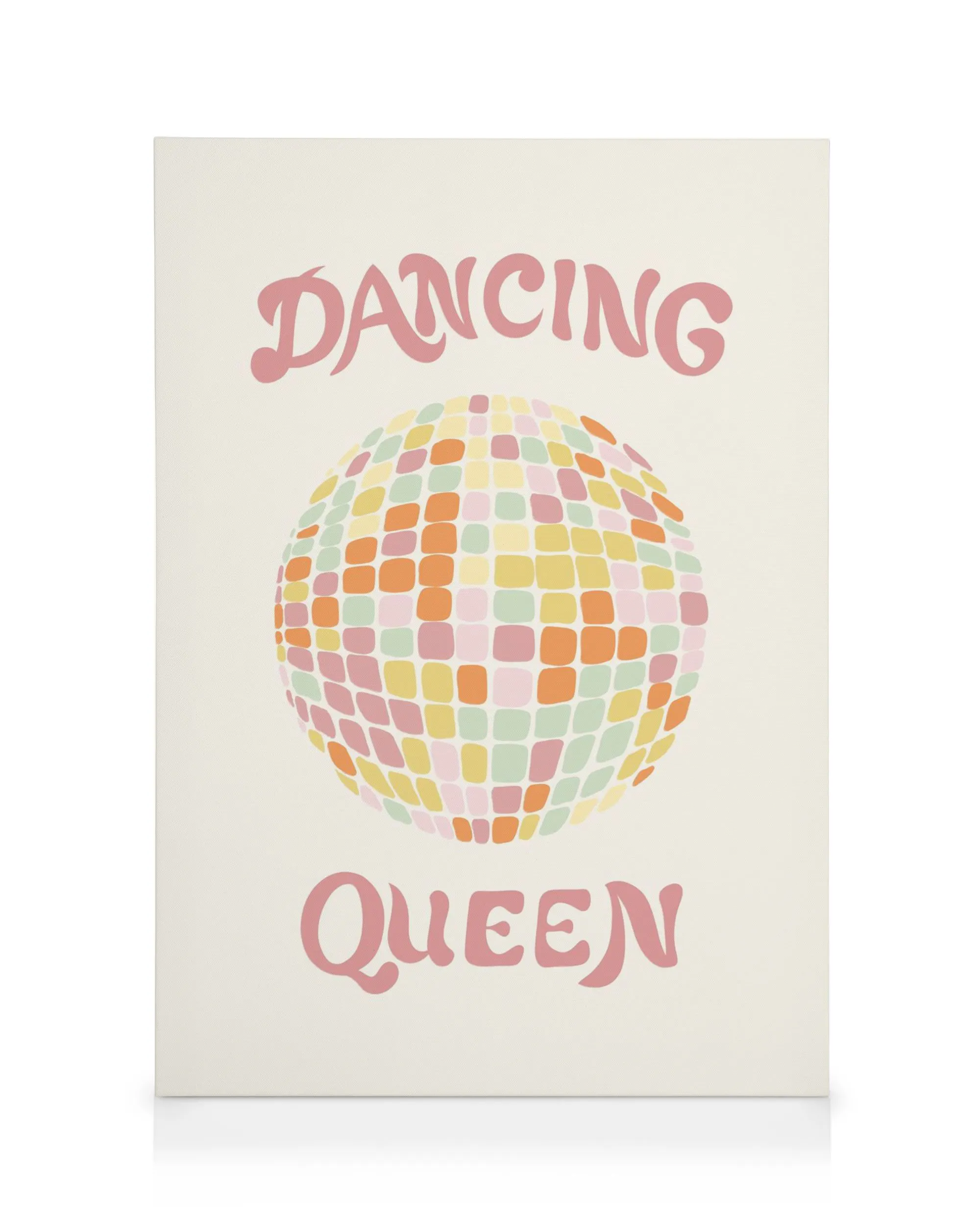 Ein Leinwandbild mit dem Schriftzug Dancing Queen und einer bunten Disco-Kugel.