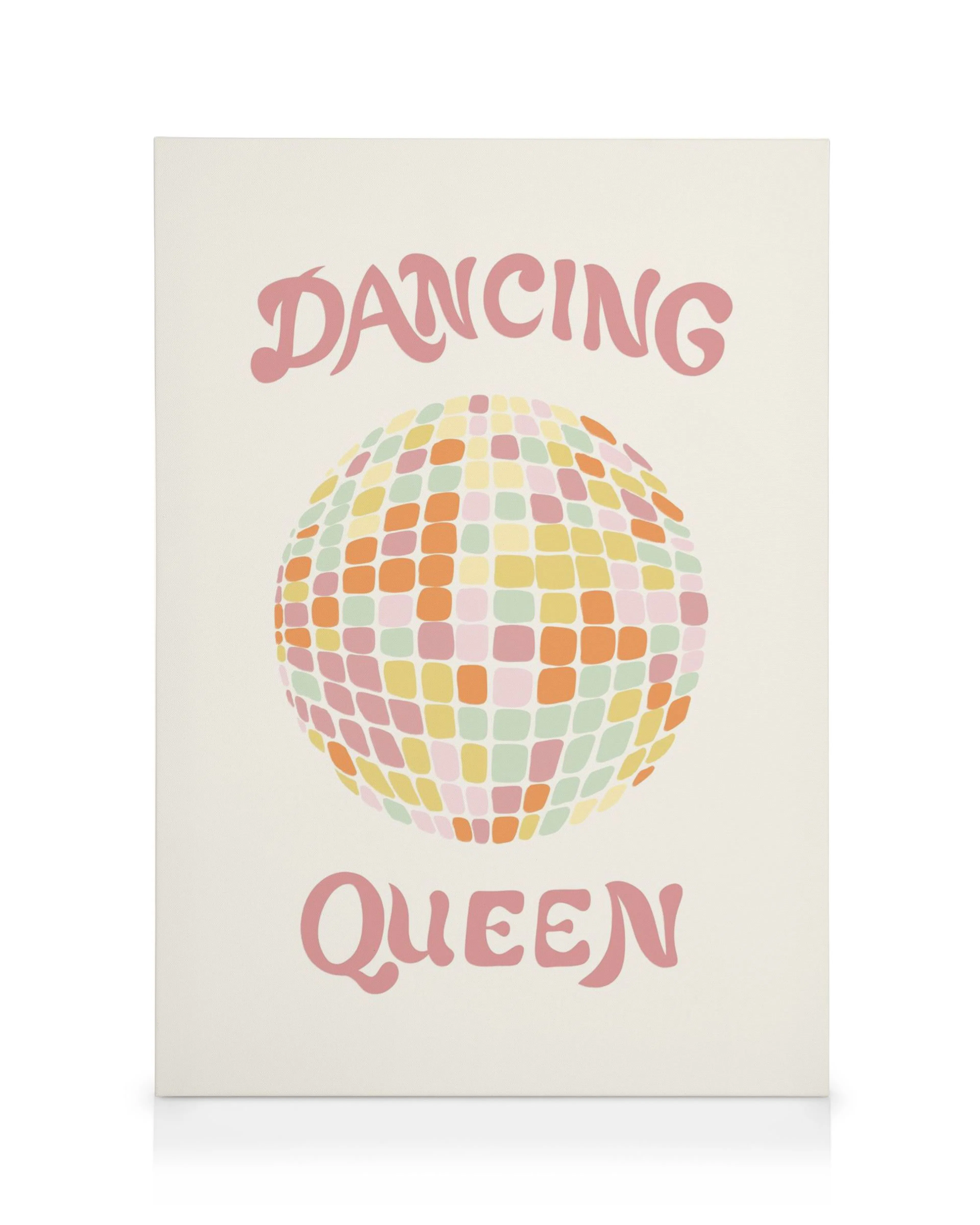 Ein Leinwandbild mit dem Schriftzug Dancing Queen und einer bunten Disco-Kugel.
