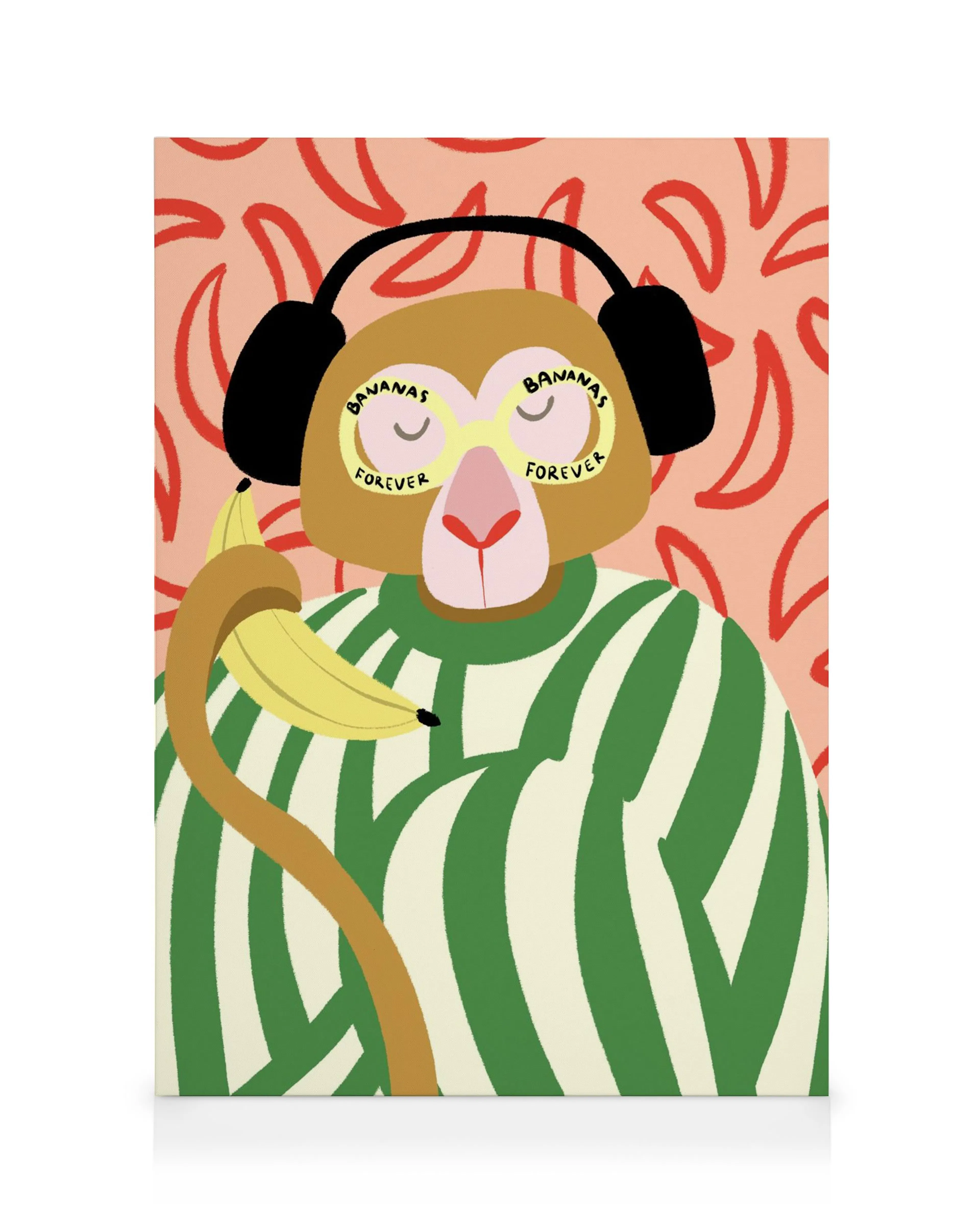 Et lerretsbilde av en tegnet ape med hodetelefoner og en banan, med bananer i bakgrunnen.