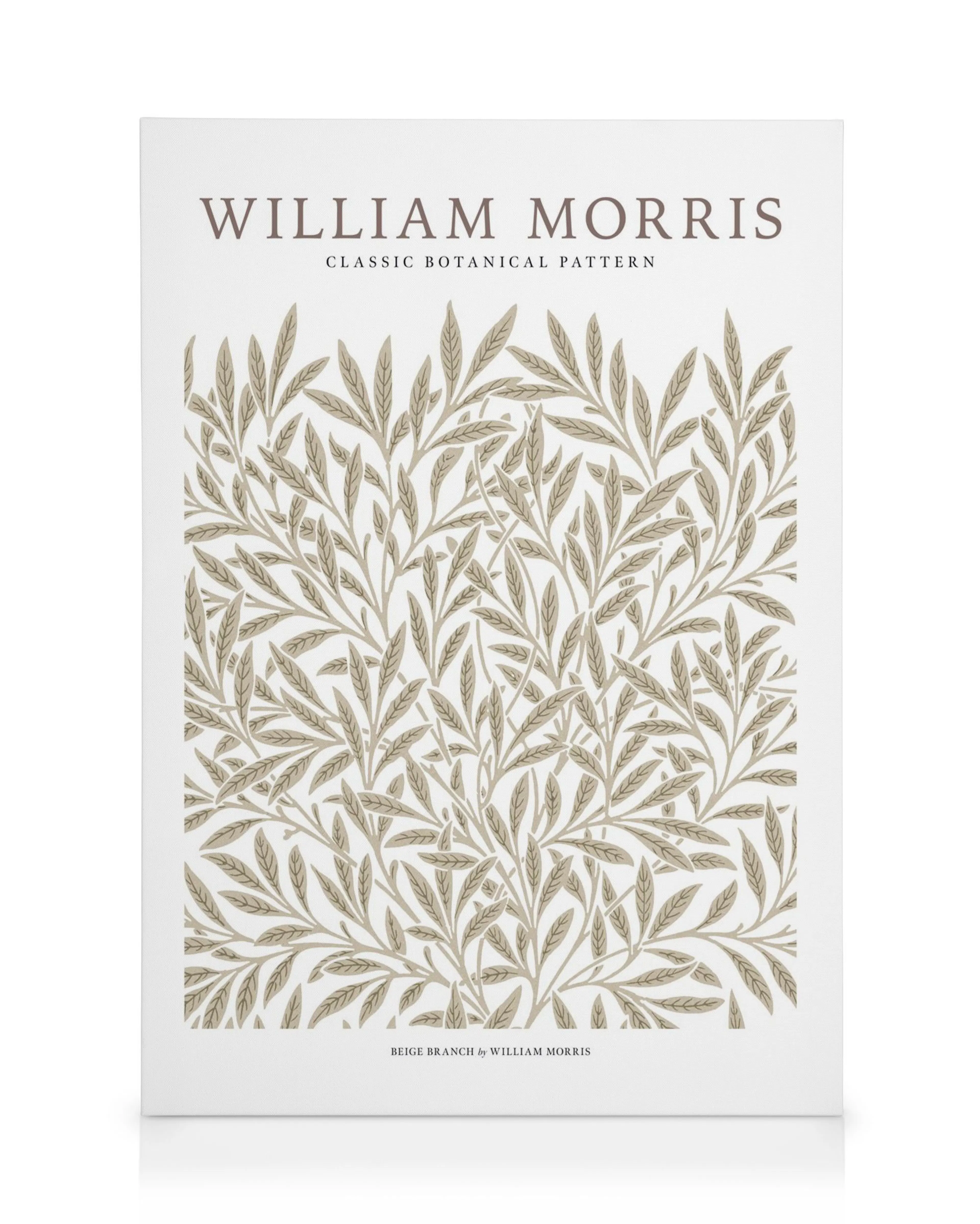A canvas print featuring a beige botanical pattern by William Morris, with densely intertwined leaves and branches on a white ba