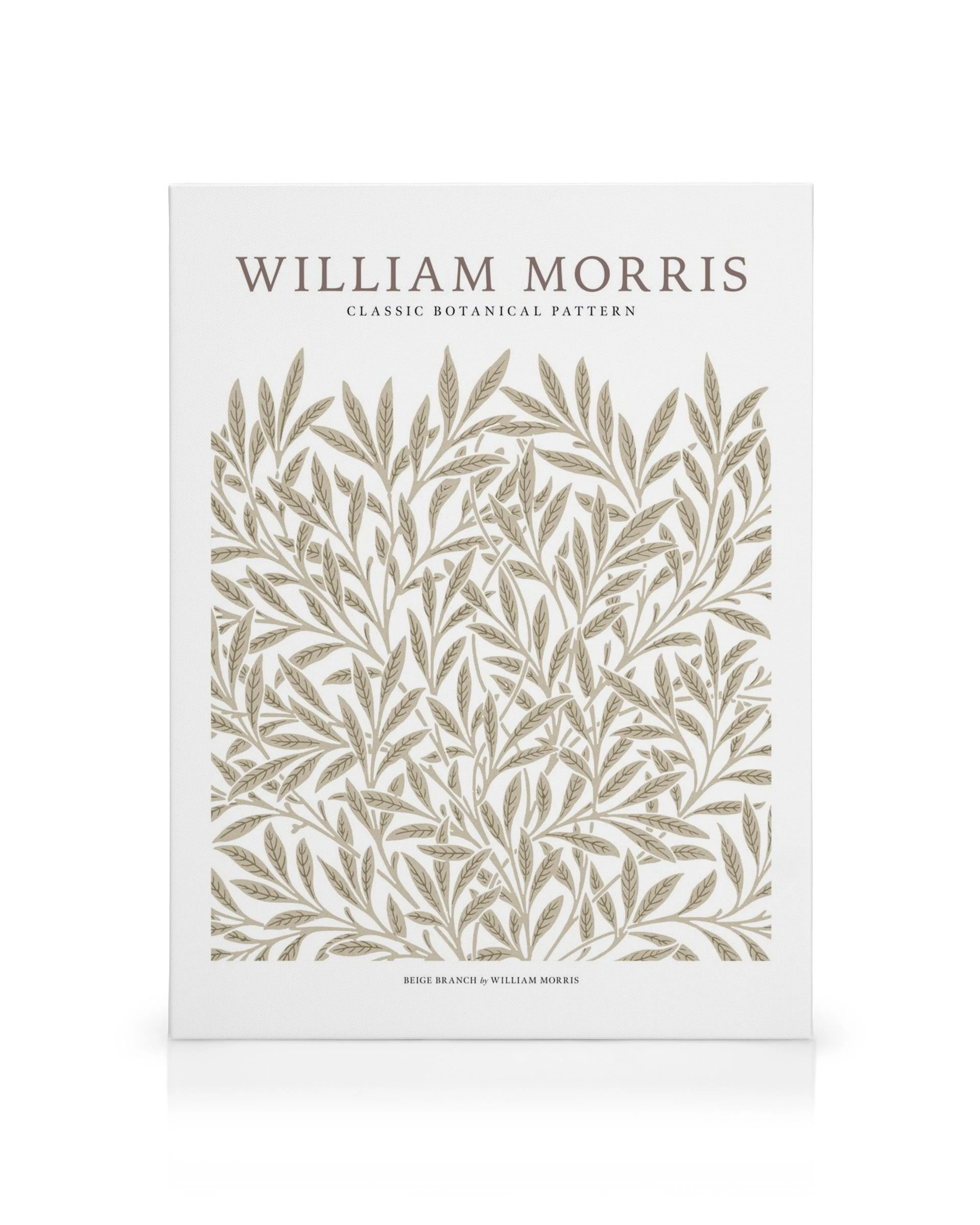 Stampa su tela con motivo botanico classico di William Morris, rami beige su sfondo bianco.