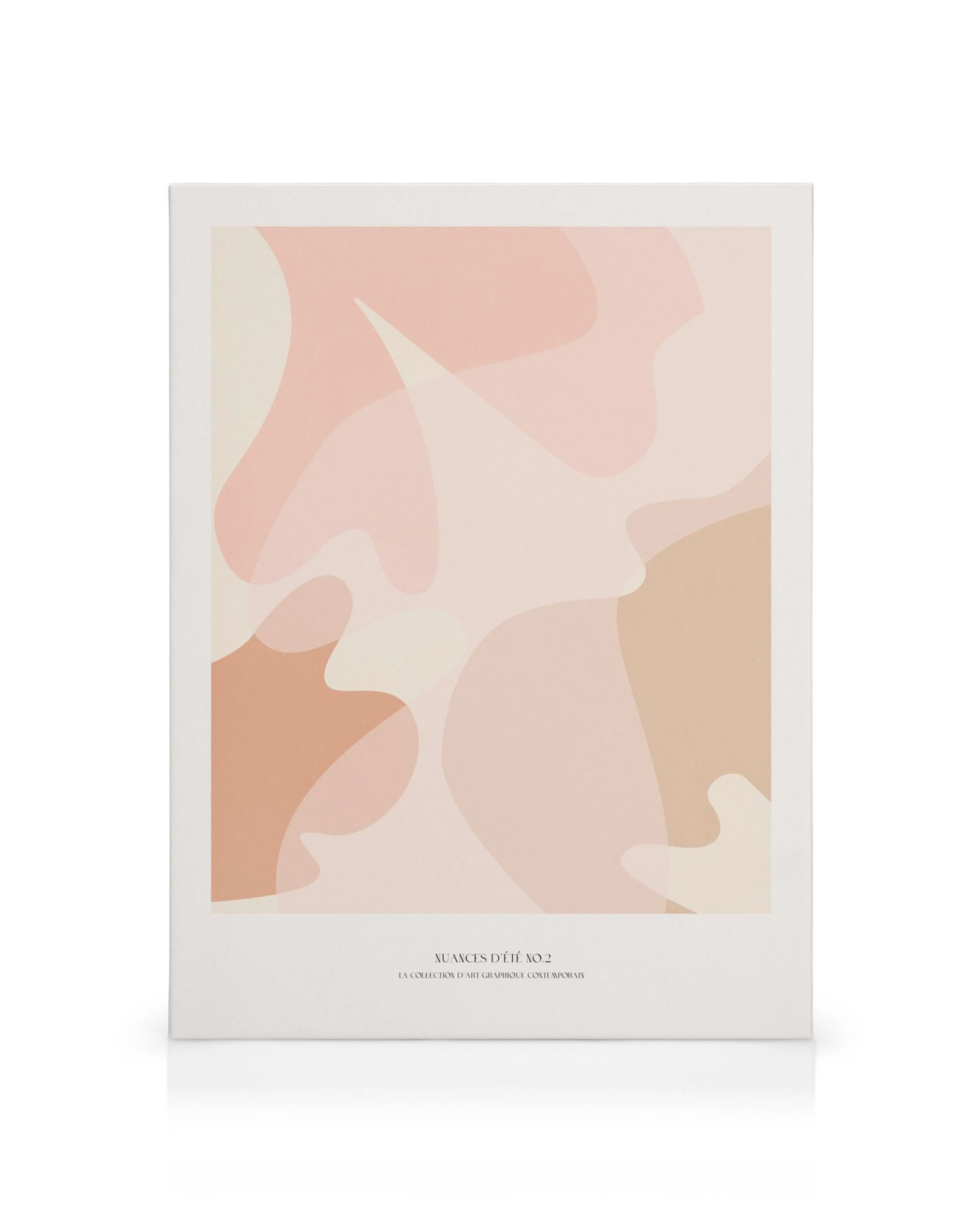 Lienzo con formas abstractas orgánicas en tonos rosa, beige y melocotón claro sobre fondo blanco.
