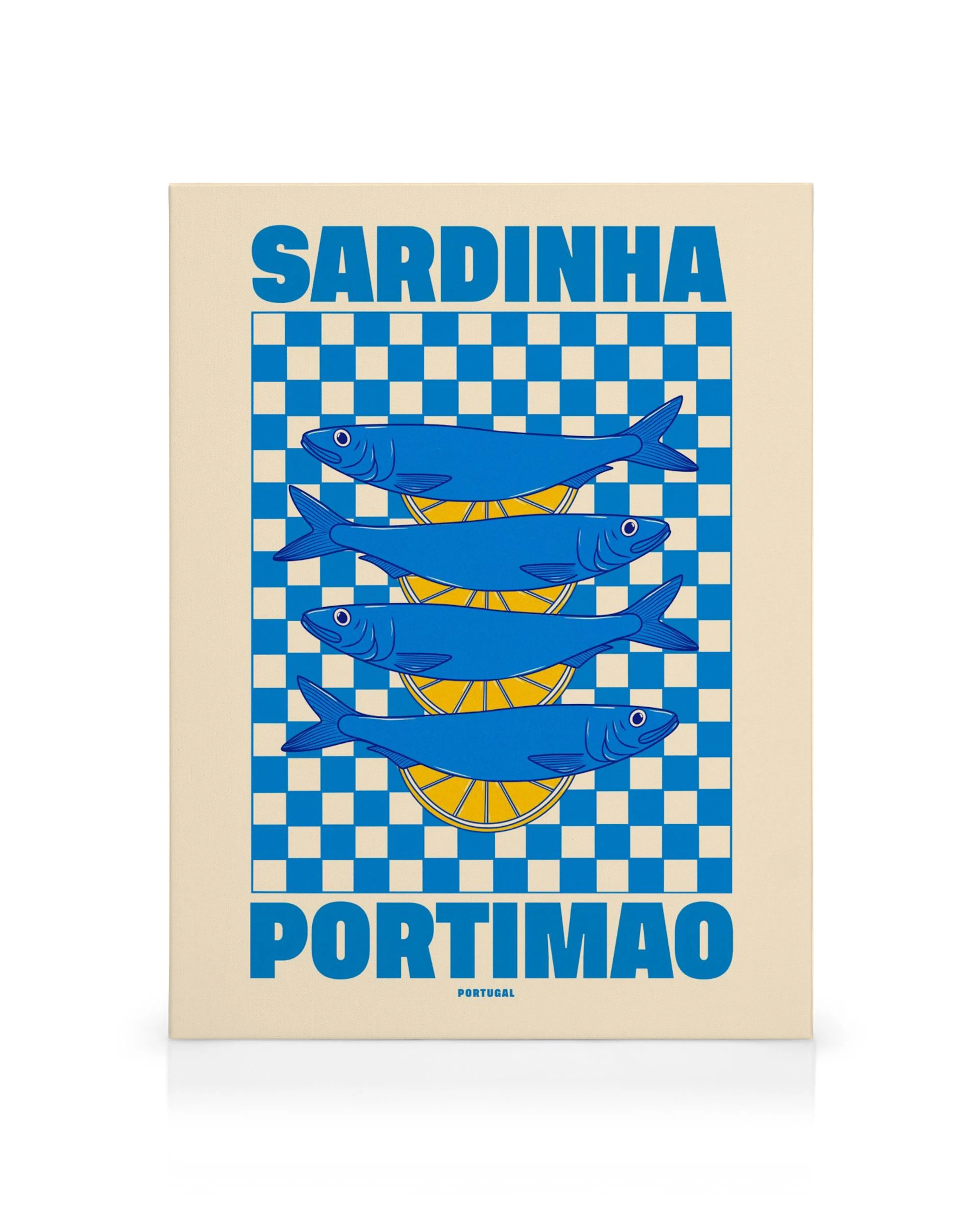 Lienzo con diseño de cuatro sardinas azules sobre rodajas de limón, con un fondo a cuadros azul y blanco y texto SARDINHA PORTIM
