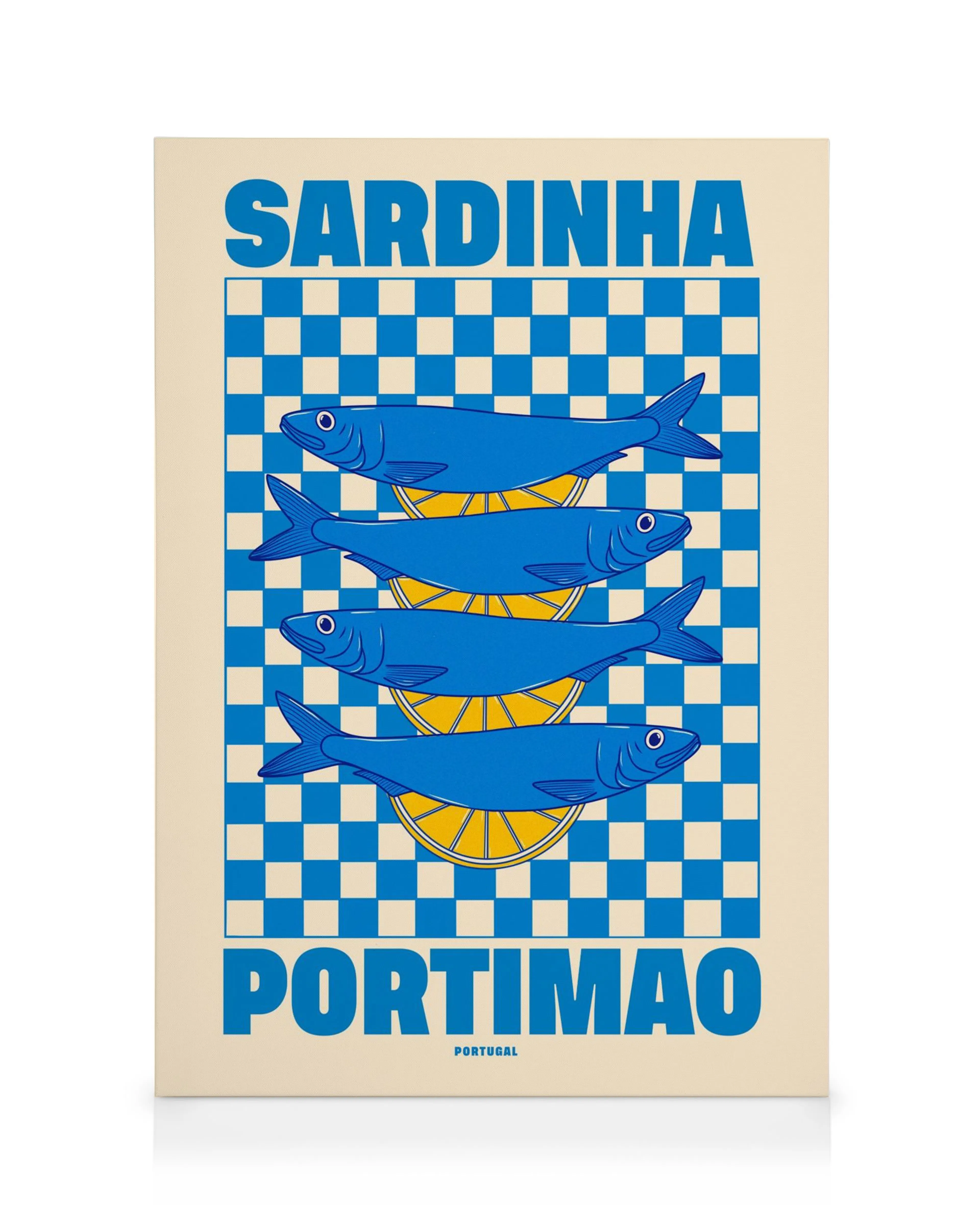 A canvas print featuring blue sardines on lemon slices against a blue and white checkered background.