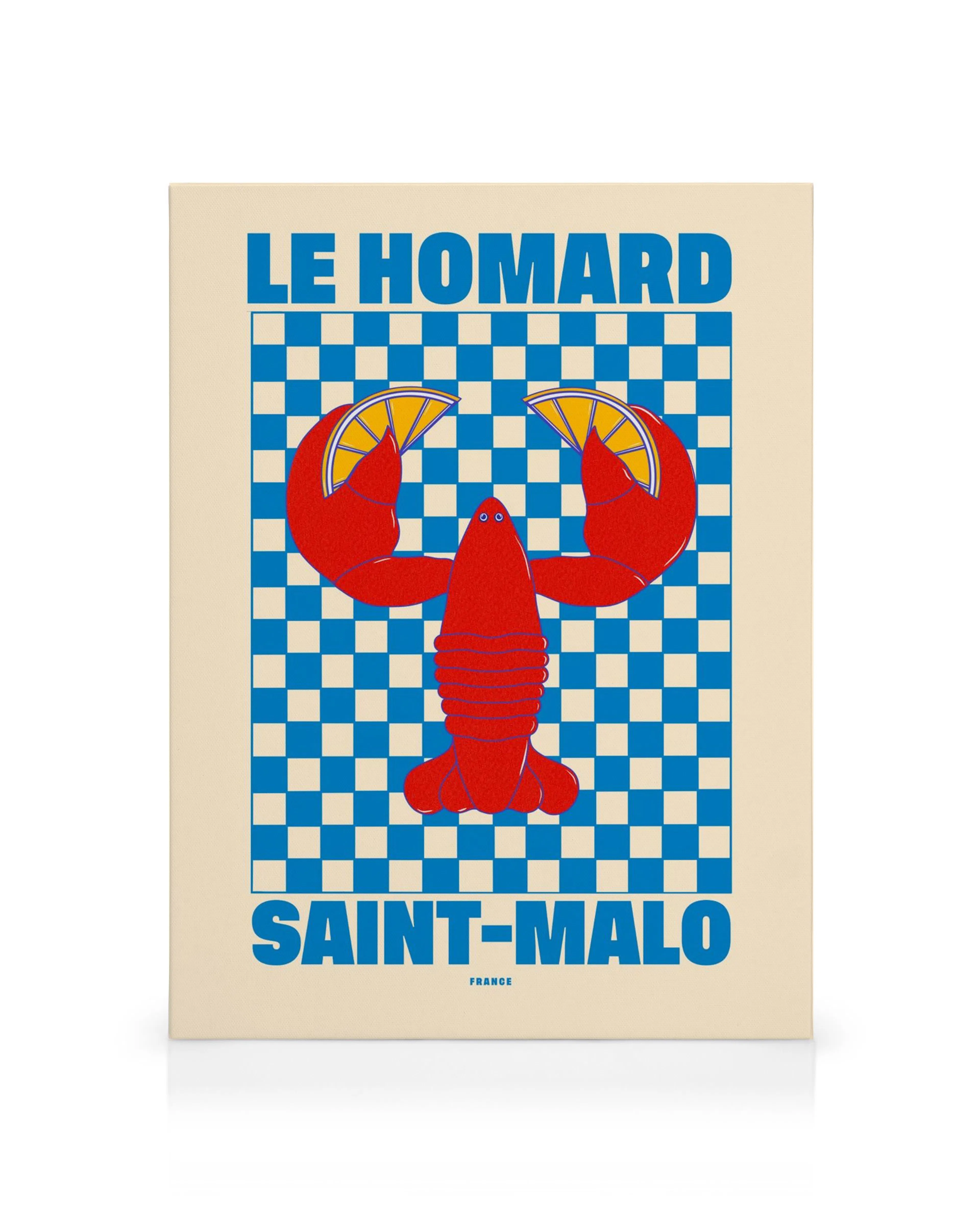 A canvas print featuring a red lobster with lemons on its claws, set against a blue and beige checkered background.