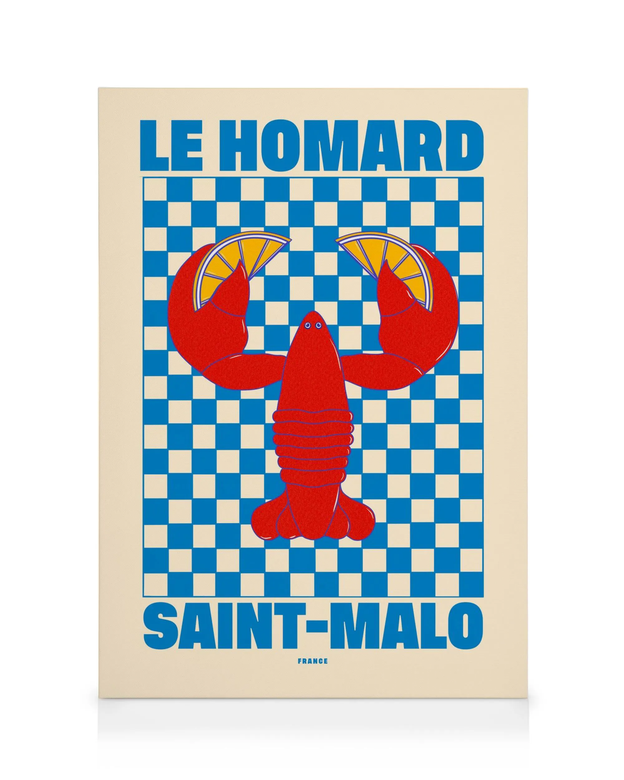 Leinwandbild mit einem roten Hummer, der Zitronenscheiben auf einem blau-weiß karierten Hintergrund hält. Text: LE HOMARD SAINT-