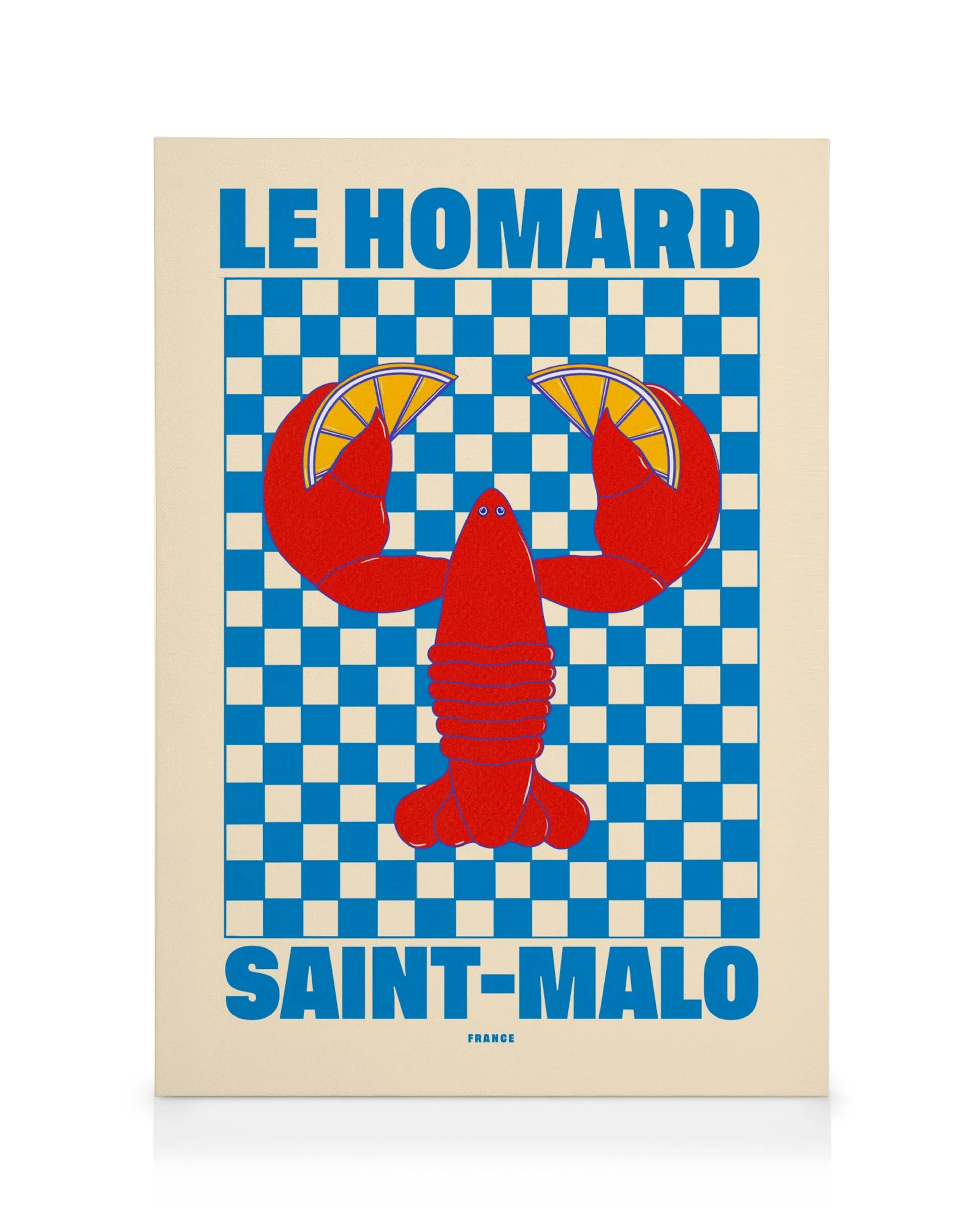 Leinwandbild mit einem roten Hummer, der Zitronenscheiben auf einem blau-weiß karierten Hintergrund hält. Text: LE HOMARD SAINT-