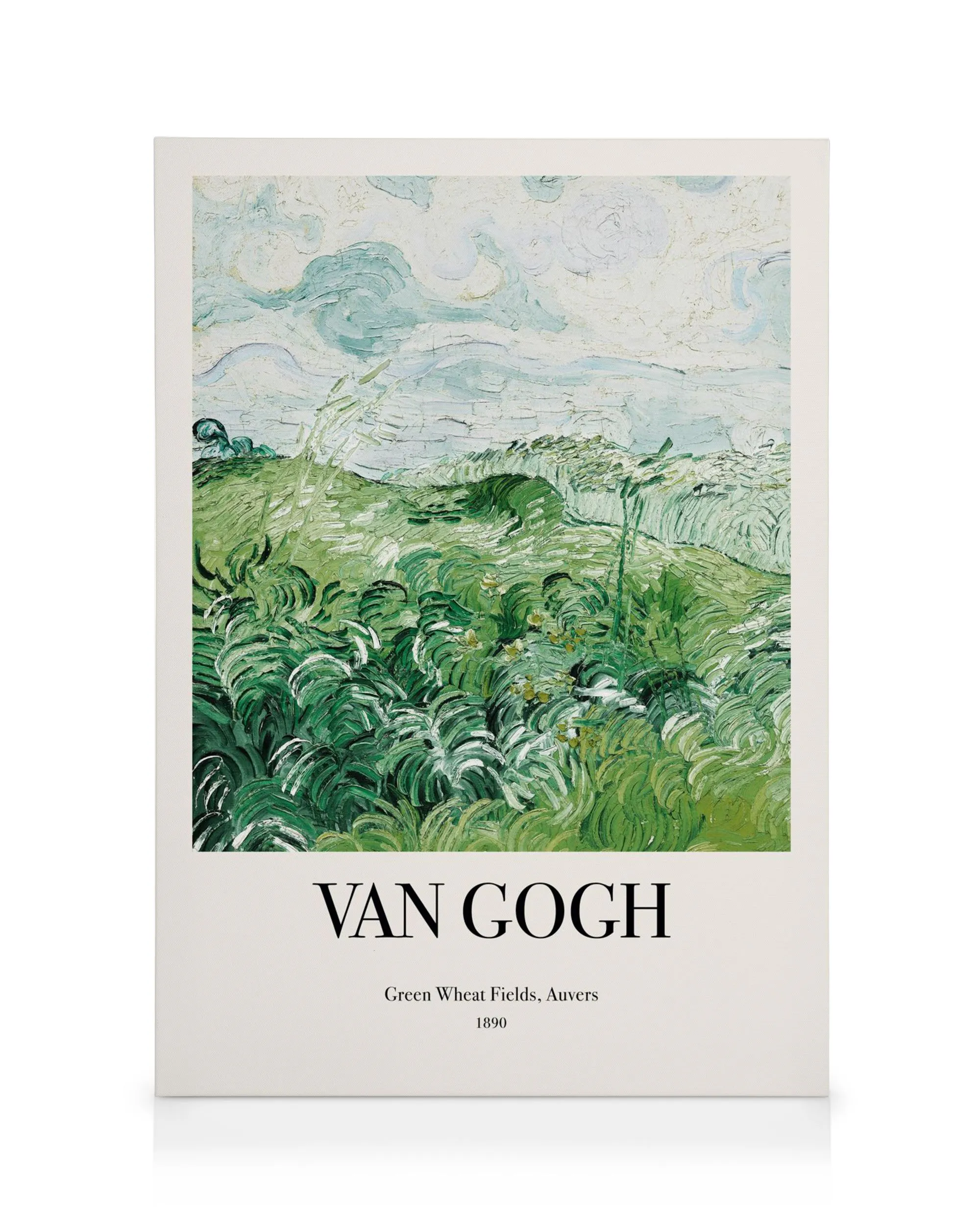 Leinwandbild mit Van Goghs Grüne Weizenfelder, Auvers mit geschwungenen grünen Feldern unter bewölktem Himmel.