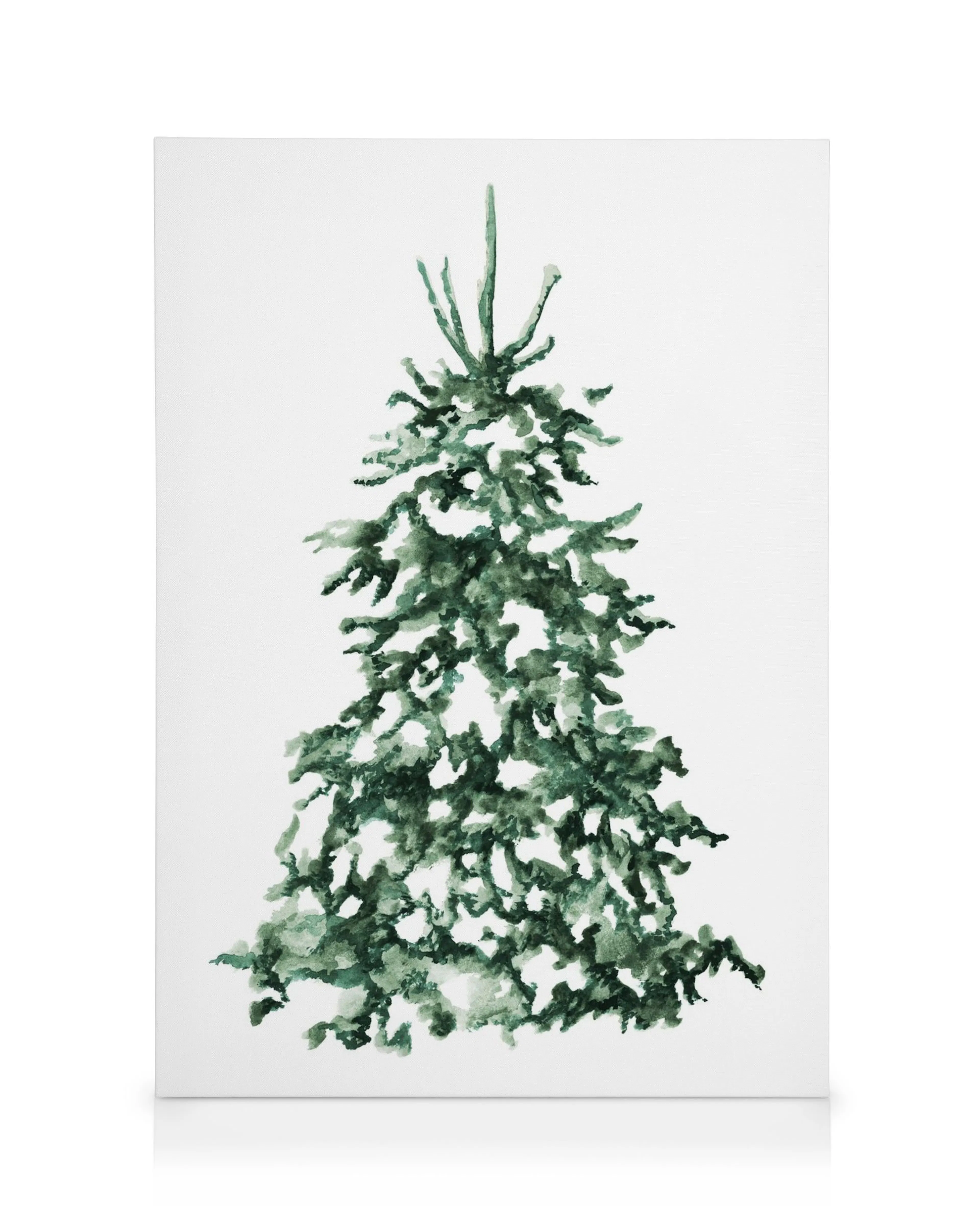 Grønt juletre lerretsbilde, malt med myke akvarellnyanser på hvit bakgrunn. Juledekorasjon til hjemmet.