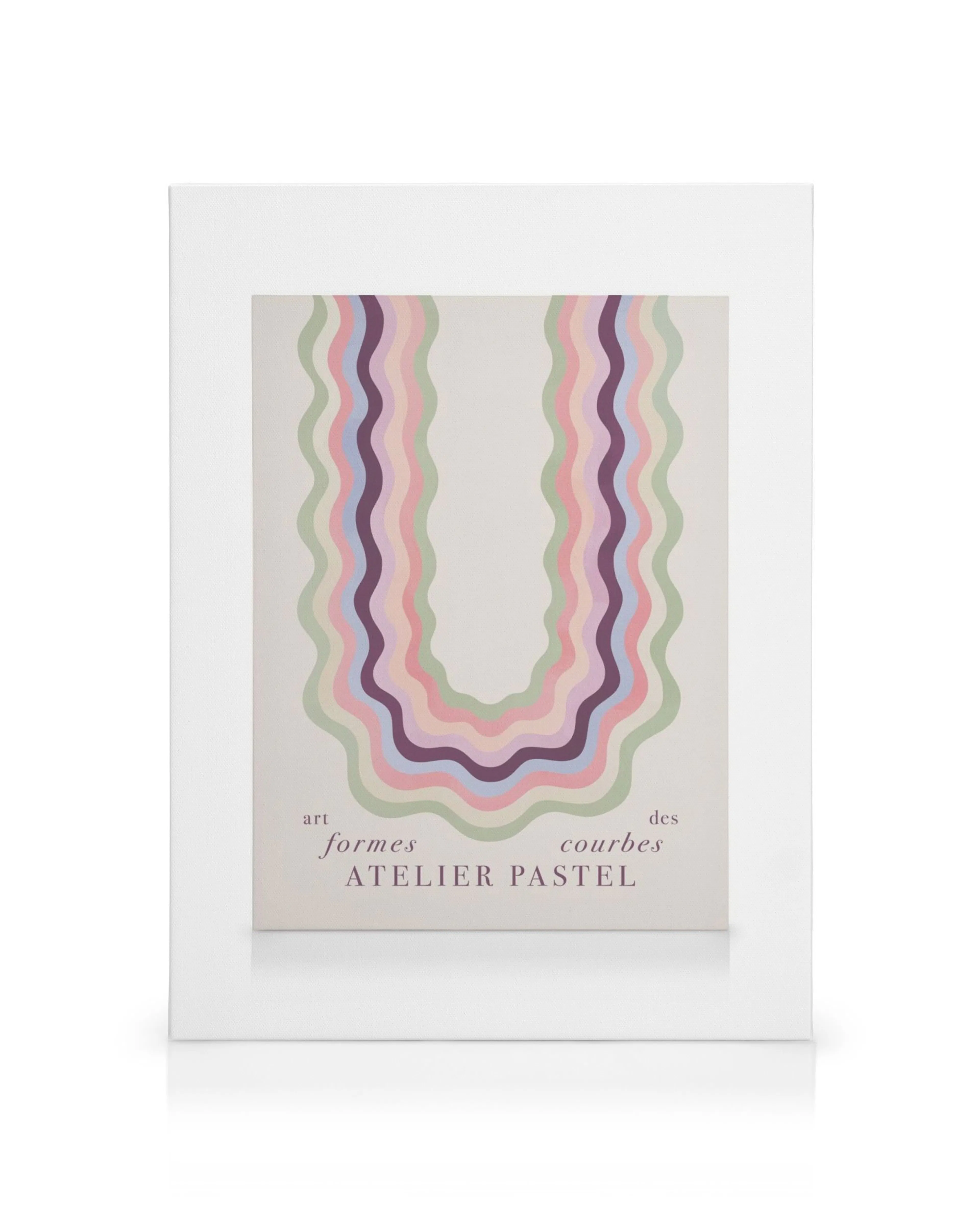 Art Des Formes Courbes canvas print with pastel wavy lines in shades of purple, pink, green, and blue.