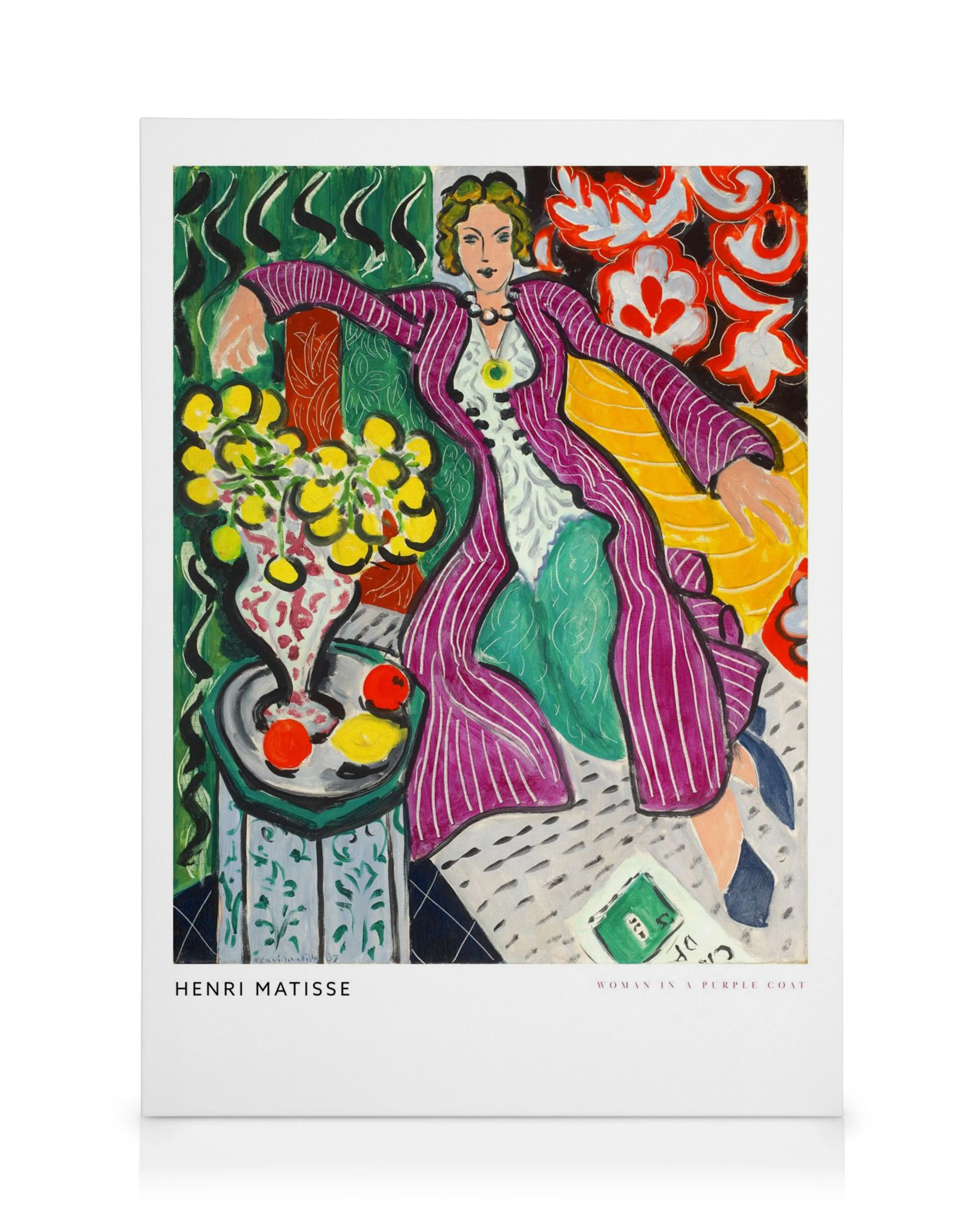 Lerretsbilde av Woman in a Purple Coat av Henri Matisse, med en kvinne i lilla kåpe og blomster.