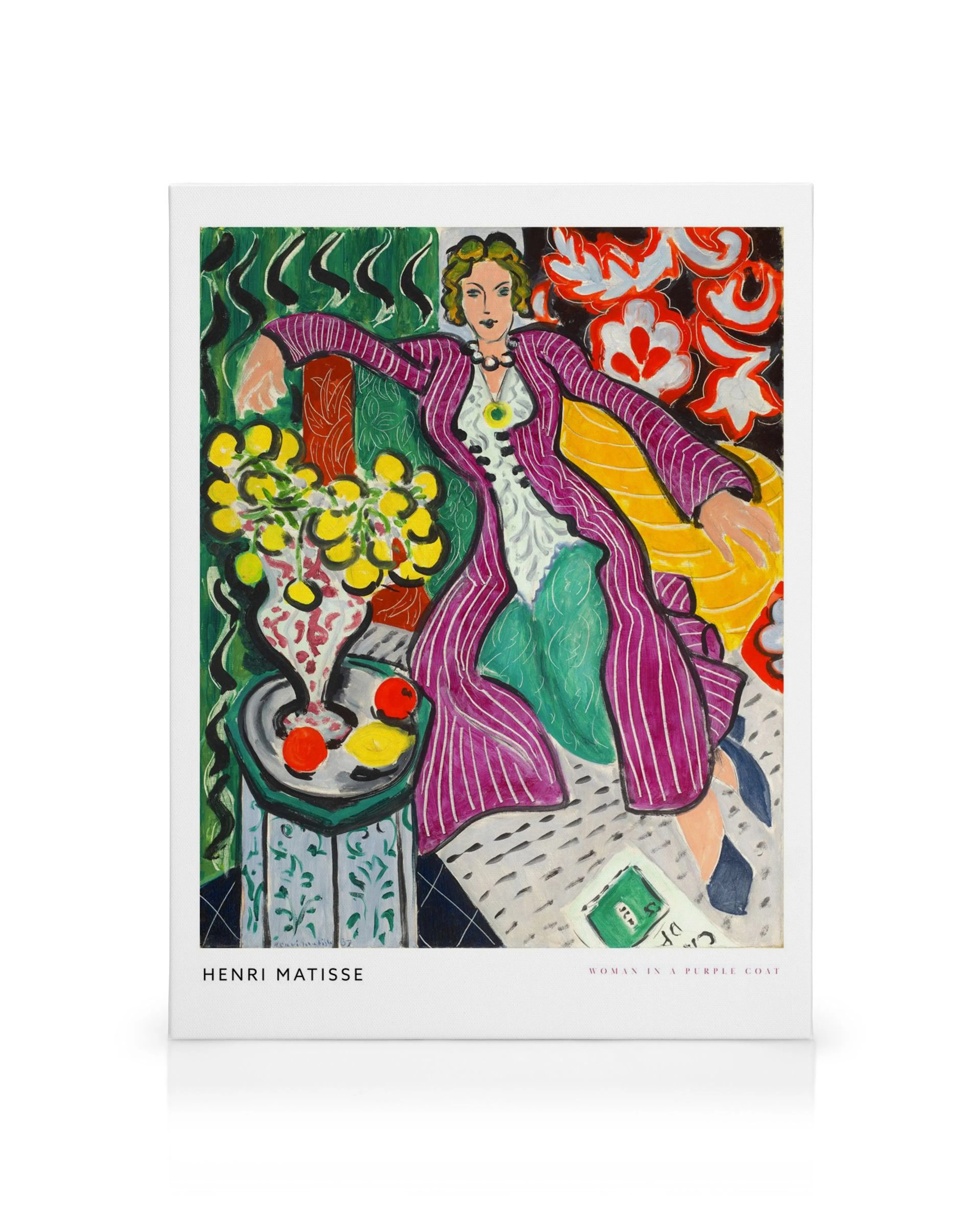 A vibrant Henri Matisse canvas print, Woman in a Purple Coat, depicting a woman in a striped coat, surrounded by flowers and fru