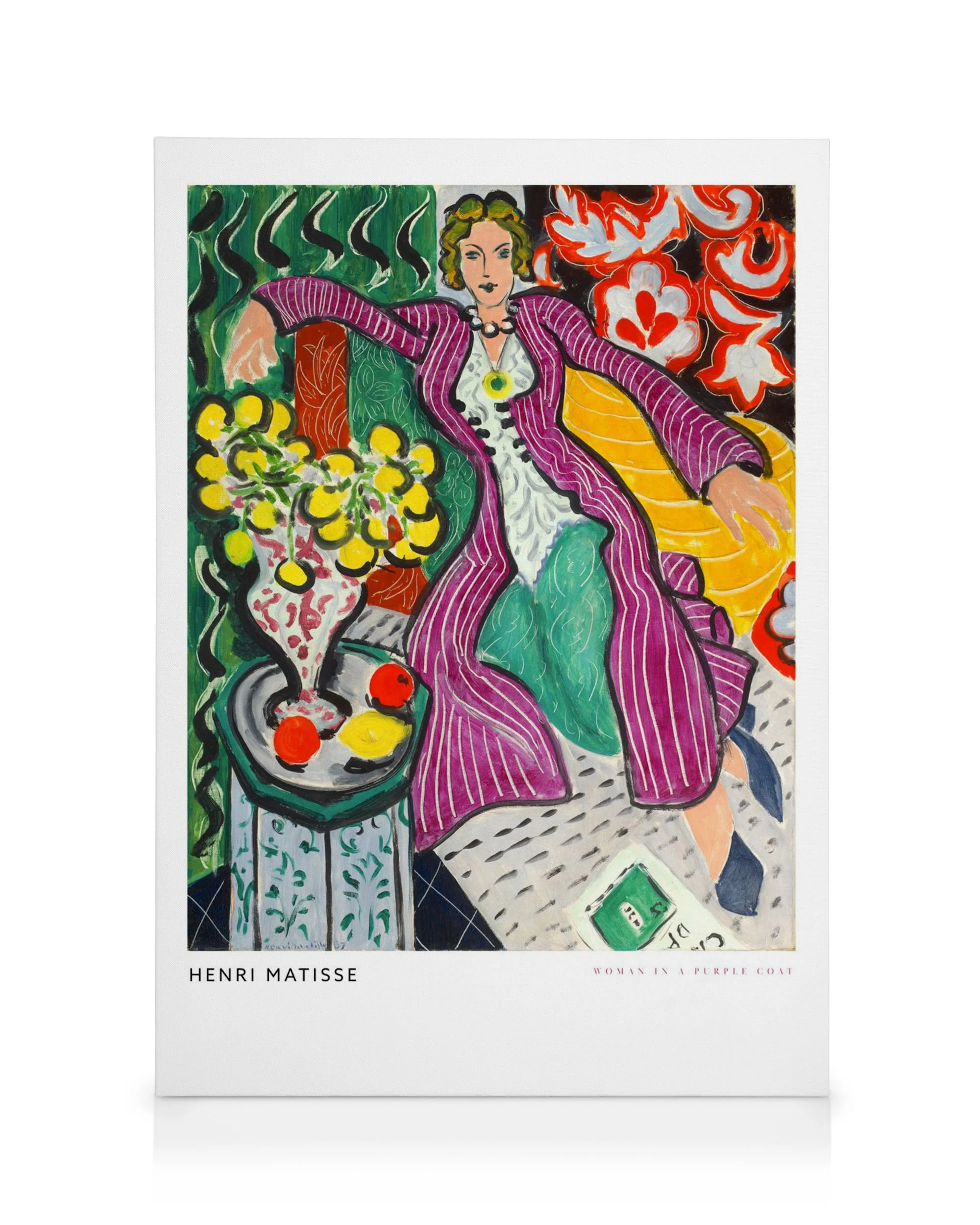 Tela decorativa de Henri Matisse: Mulher de casaco roxo, com vaso de flores e fruta, em cores vibrantes.