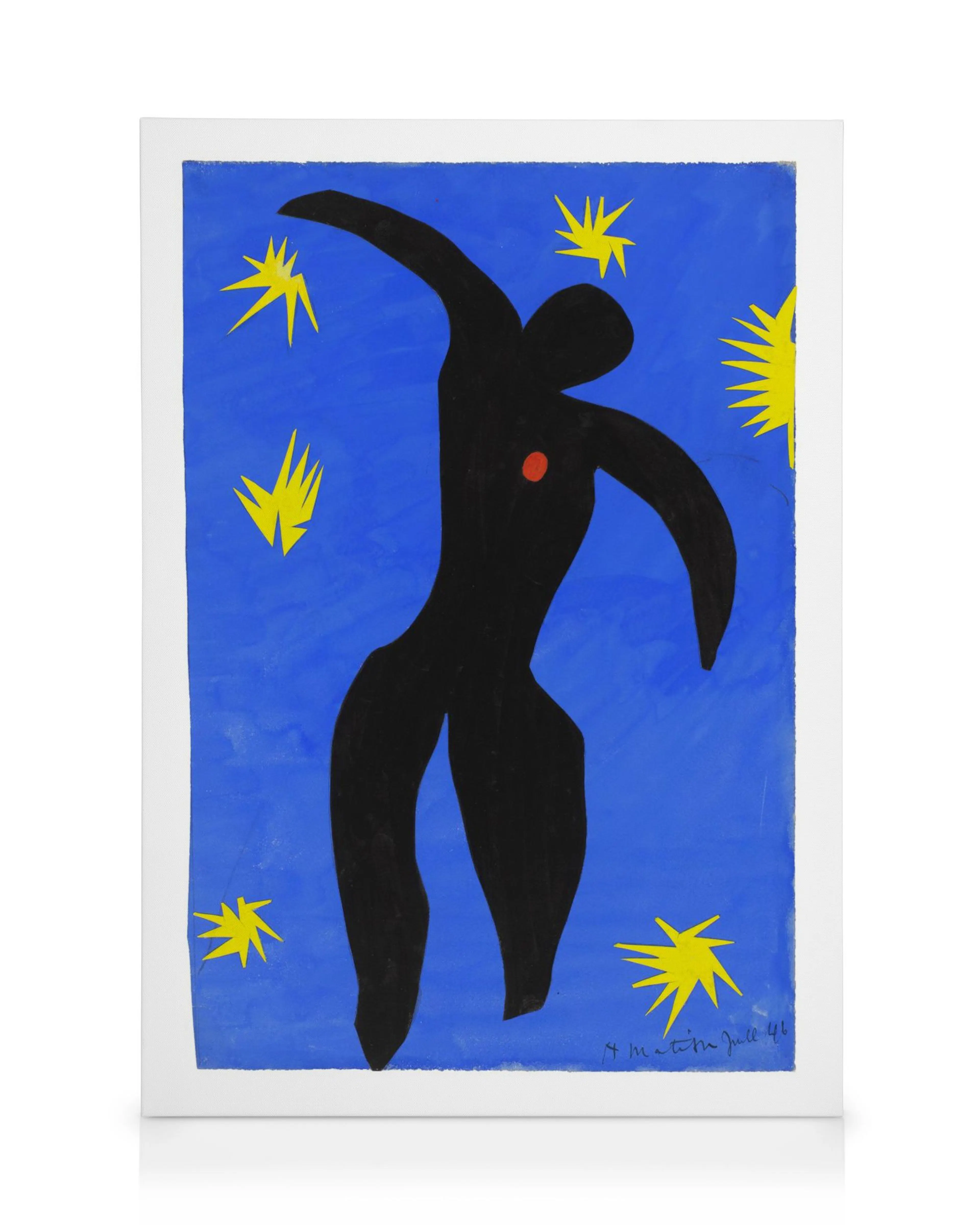 A canvas print featuring a black abstract figure with a red dot on a blue background surrounded by yellow starbursts.