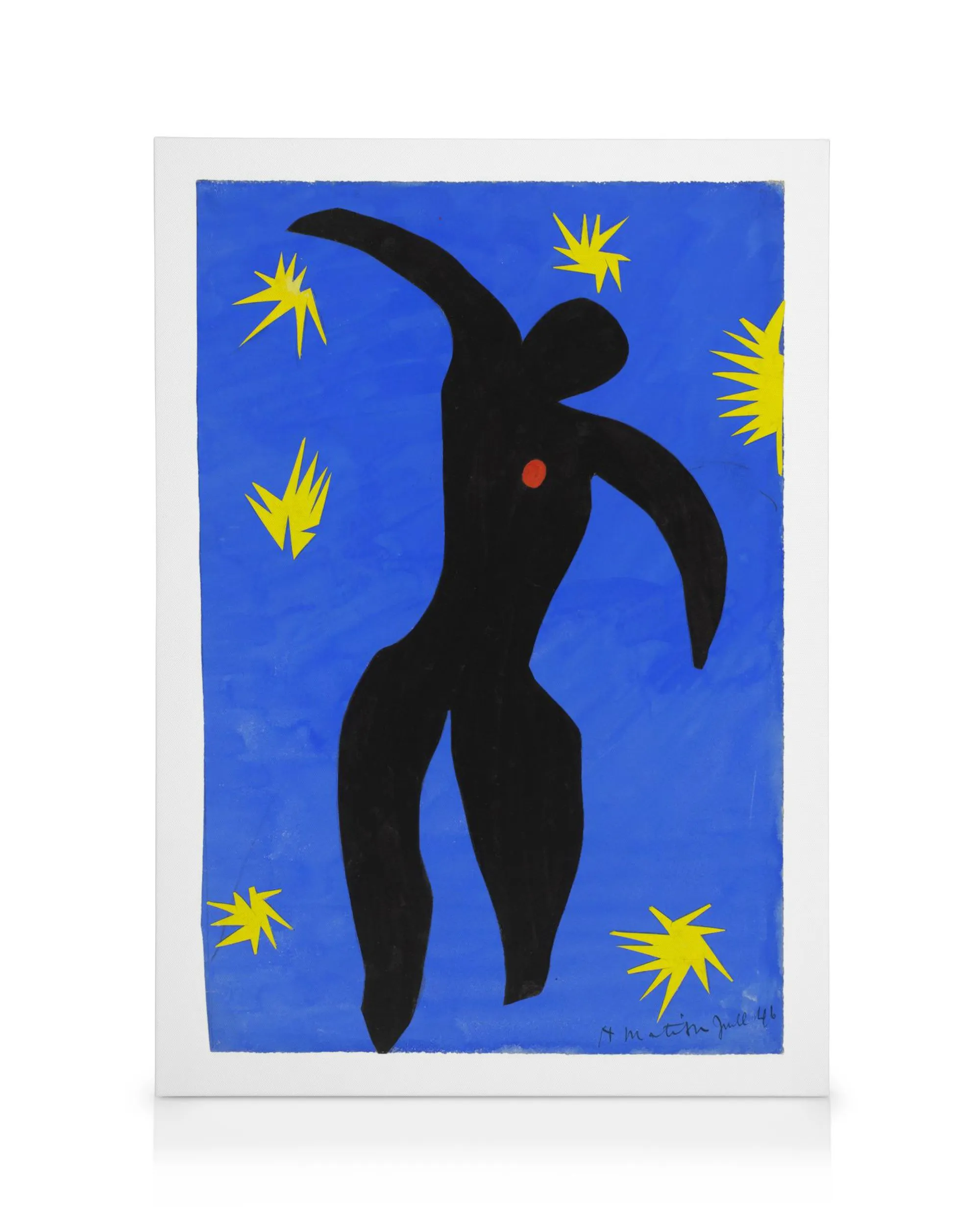 Leinwandbild mit schwarzer Figur, rotem Punkt und gelben Sternen auf blauem Hintergrund.