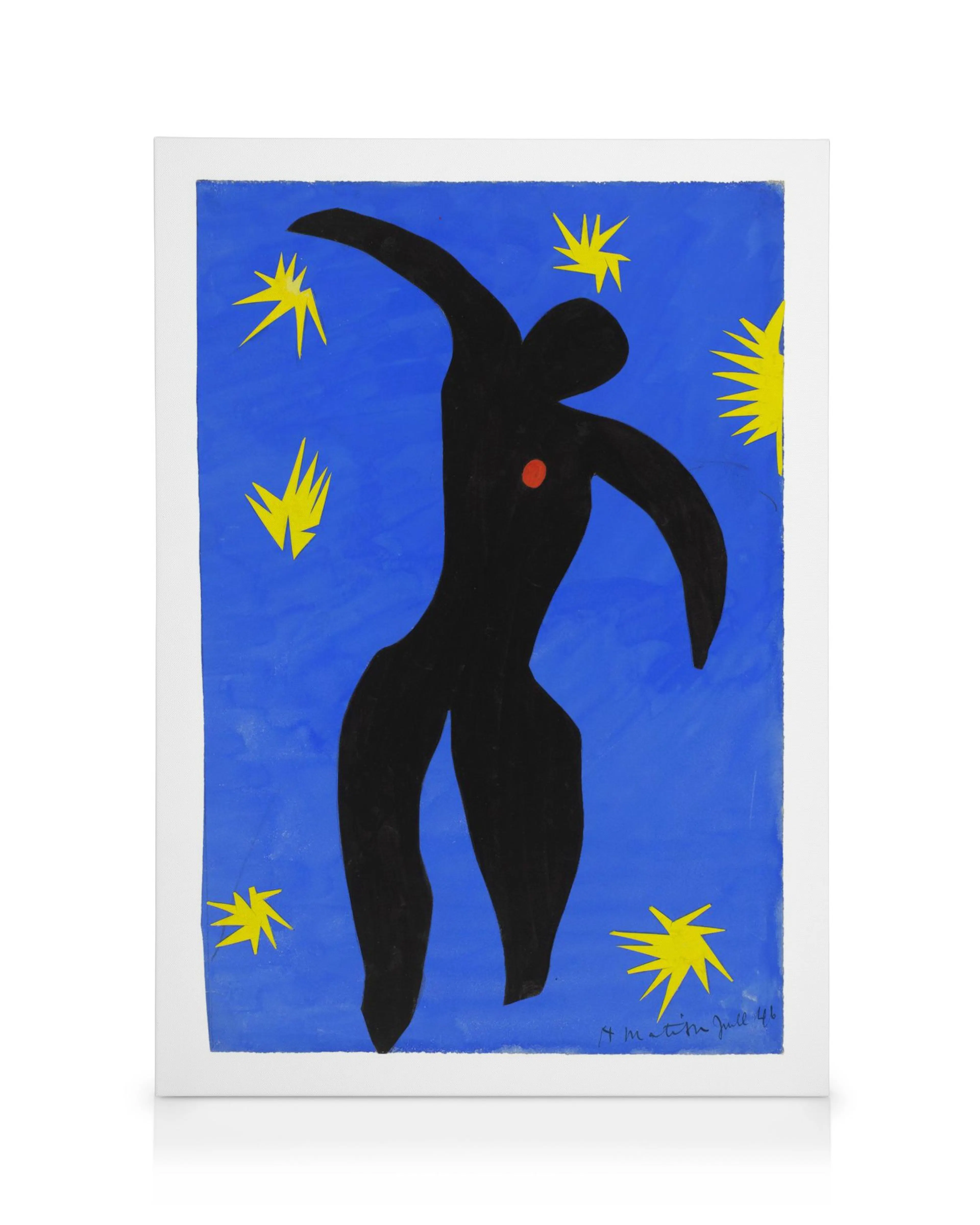 Leinwandbild mit schwarzer Figur, rotem Punkt und gelben Sternen auf blauem Hintergrund.