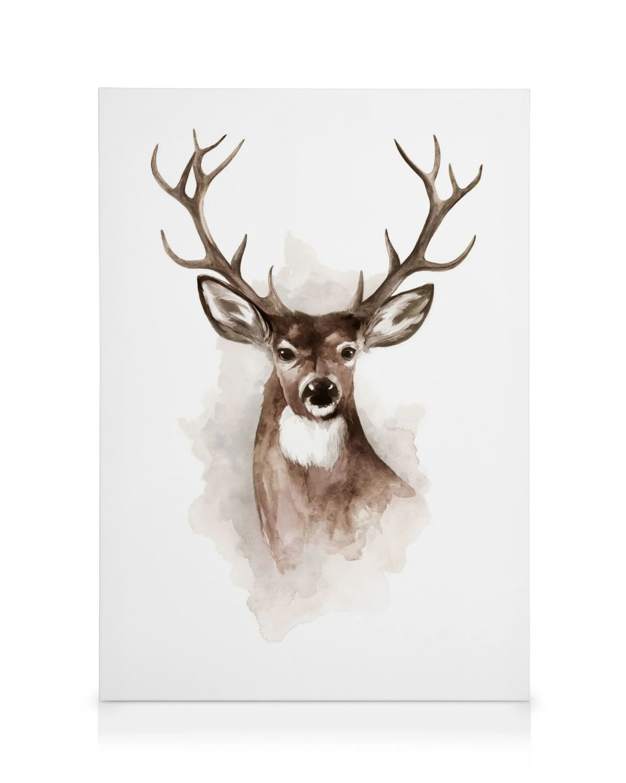 Watercolor deer head canvas print, brown tones, white chest, large antlers, splash background effect.