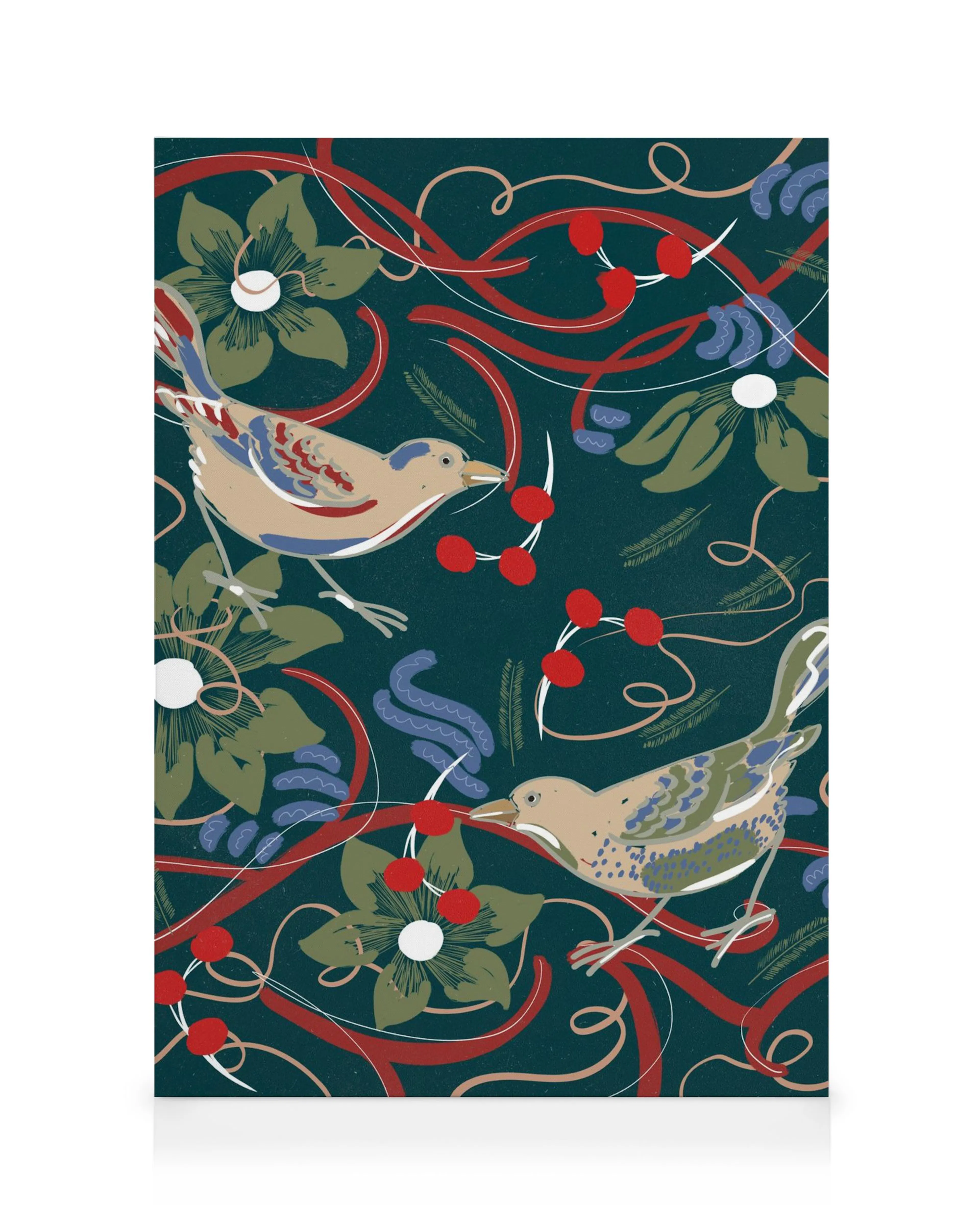 Holiday Pattern No1 canvas print, featuring two birds amidst red berries, green leaves, and swirling ribbons on a dark teal back