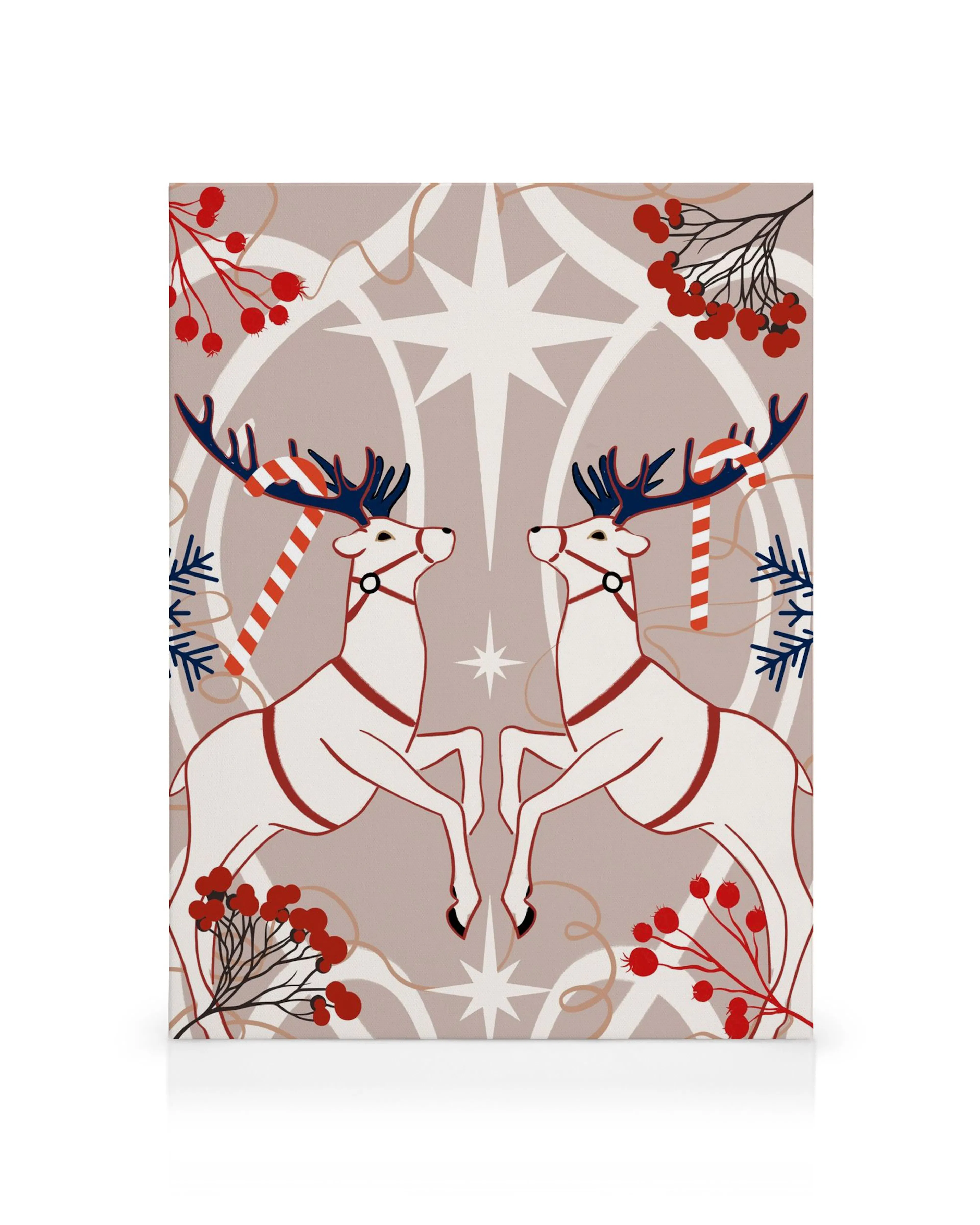 Holiday Pattern No2 canvas print featuring two white reindeer with red harnesses and candy cane antlers against a star pattern.